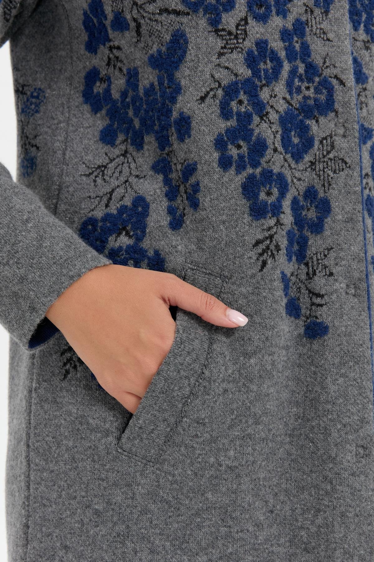 24018Kadın Dik Yaka Çiçekli Uzun Yün Kaban Füme