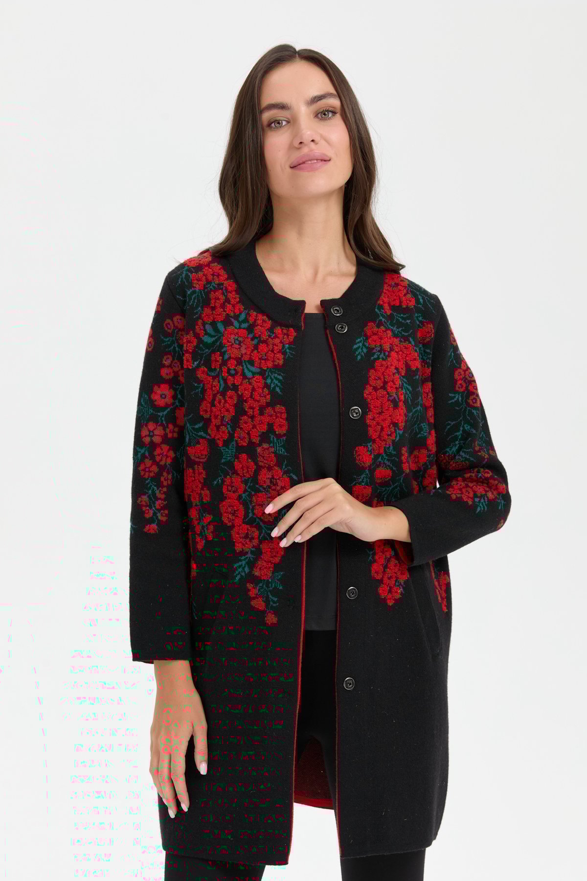 24018Kadın Dik Yaka Çiçekli Uzun Yün Kaban Siyah