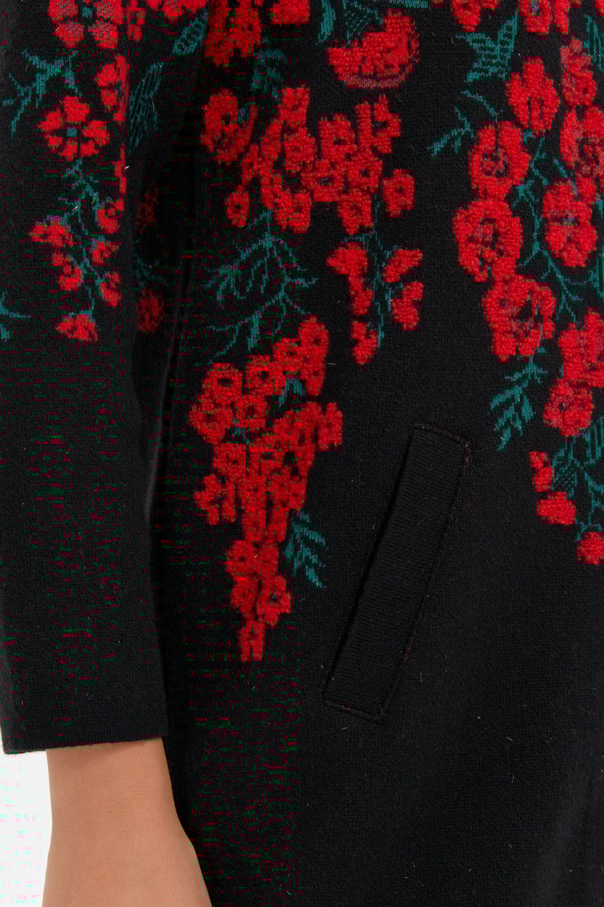 24018Kadın Dik Yaka Çiçekli Uzun Yün Kaban Siyah