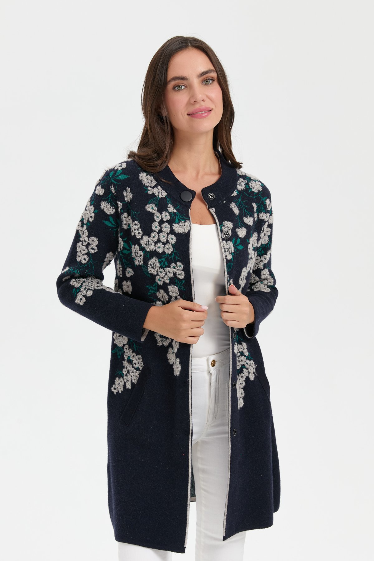 24018Kadın Dik Yaka Çiçekli Uzun Yün Kaban K.Lacivert