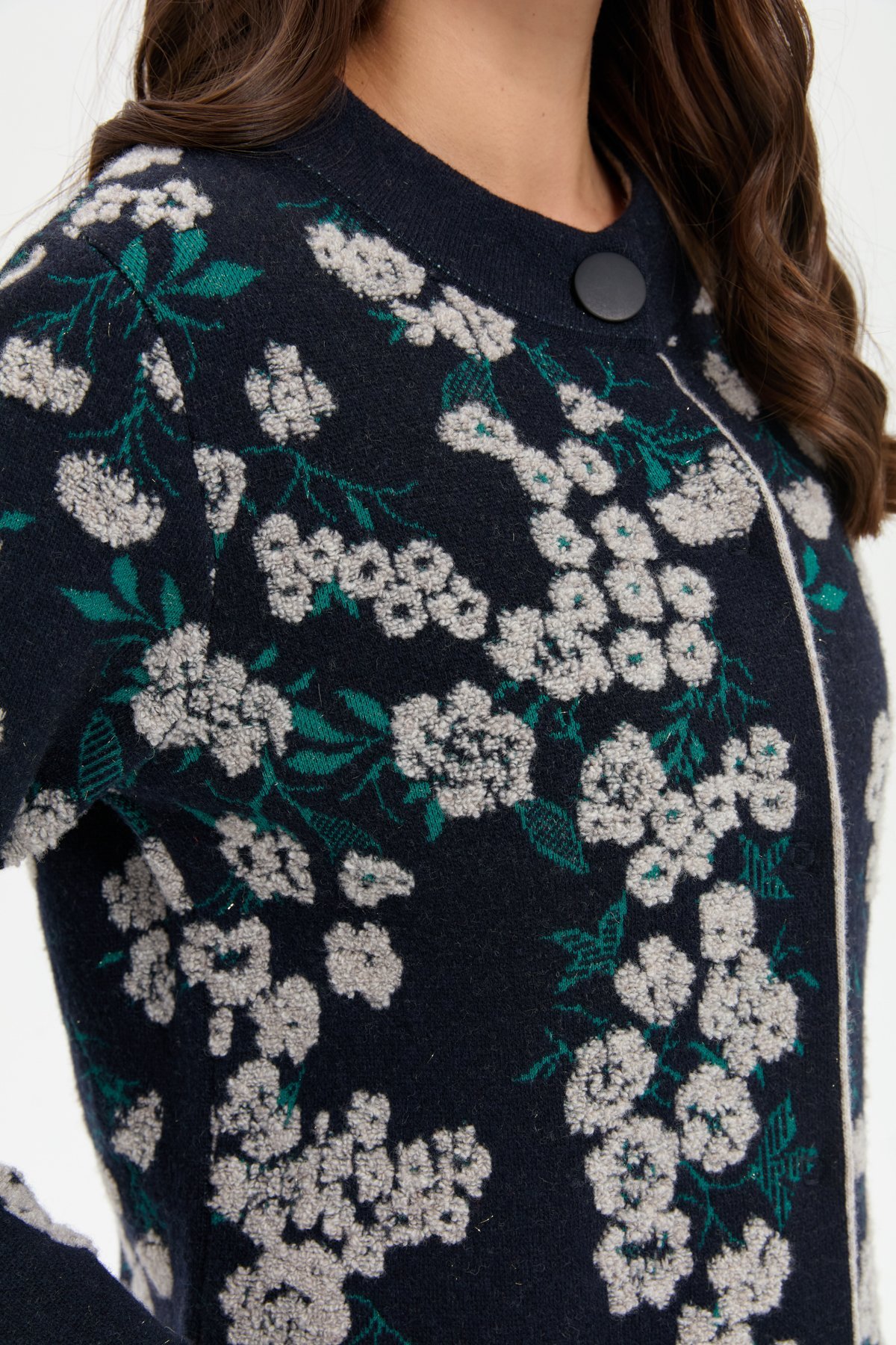 24018Kadın Dik Yaka Çiçekli Uzun Yün Kaban K.Lacivert