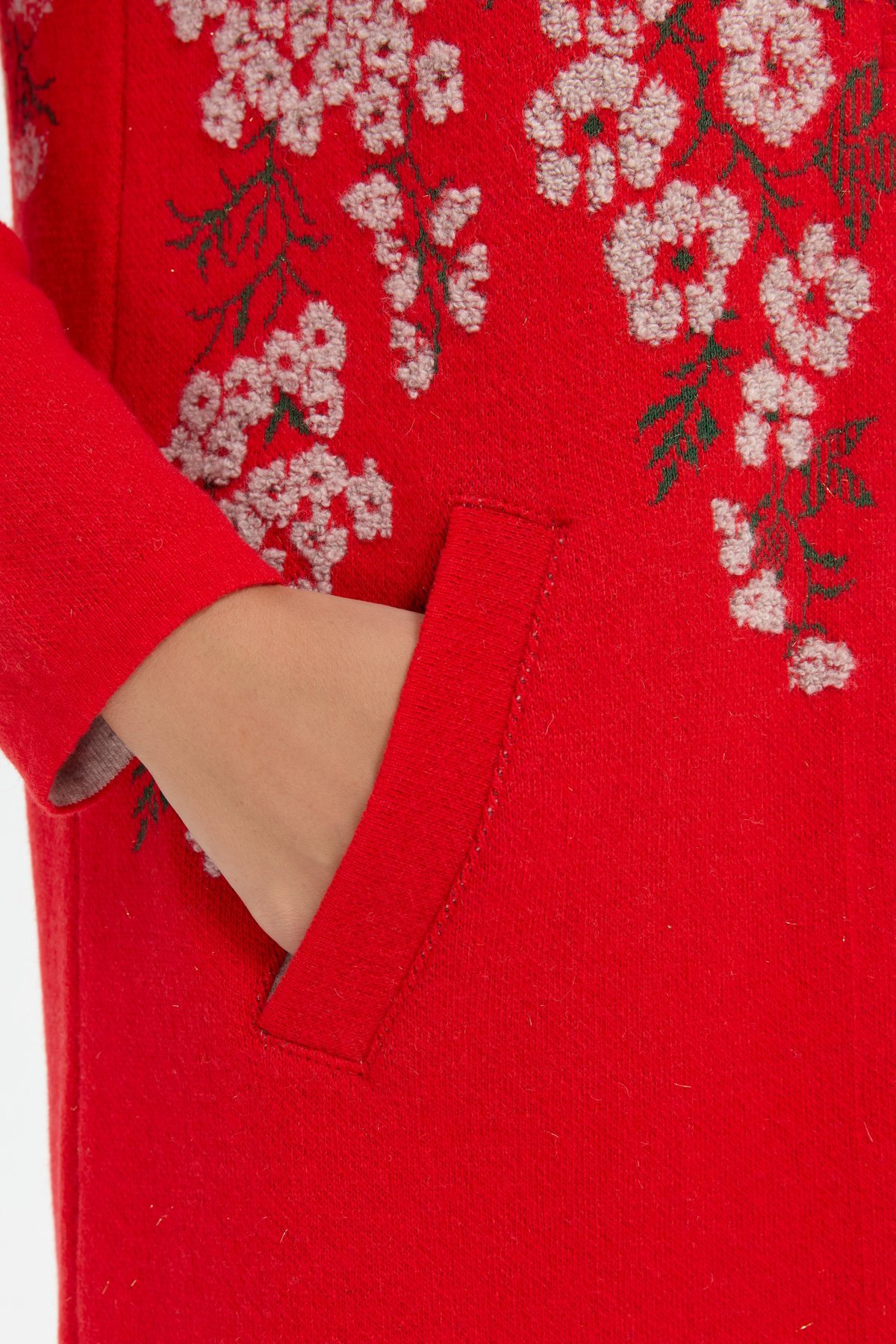 24018Kadın Dik Yaka Çiçekli Uzun Yün Kaban Mercan