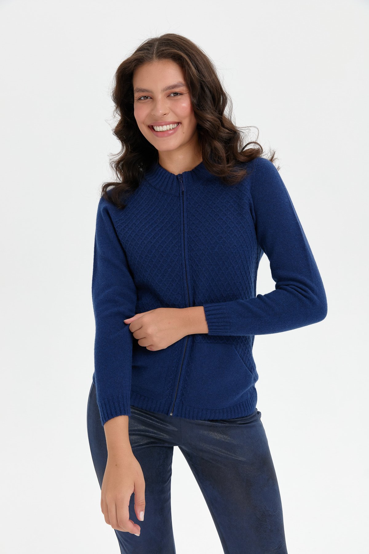 24218Kadın Dik Yaka Dikişsiz Önü Fermuarlı Yün Hırka İndigo