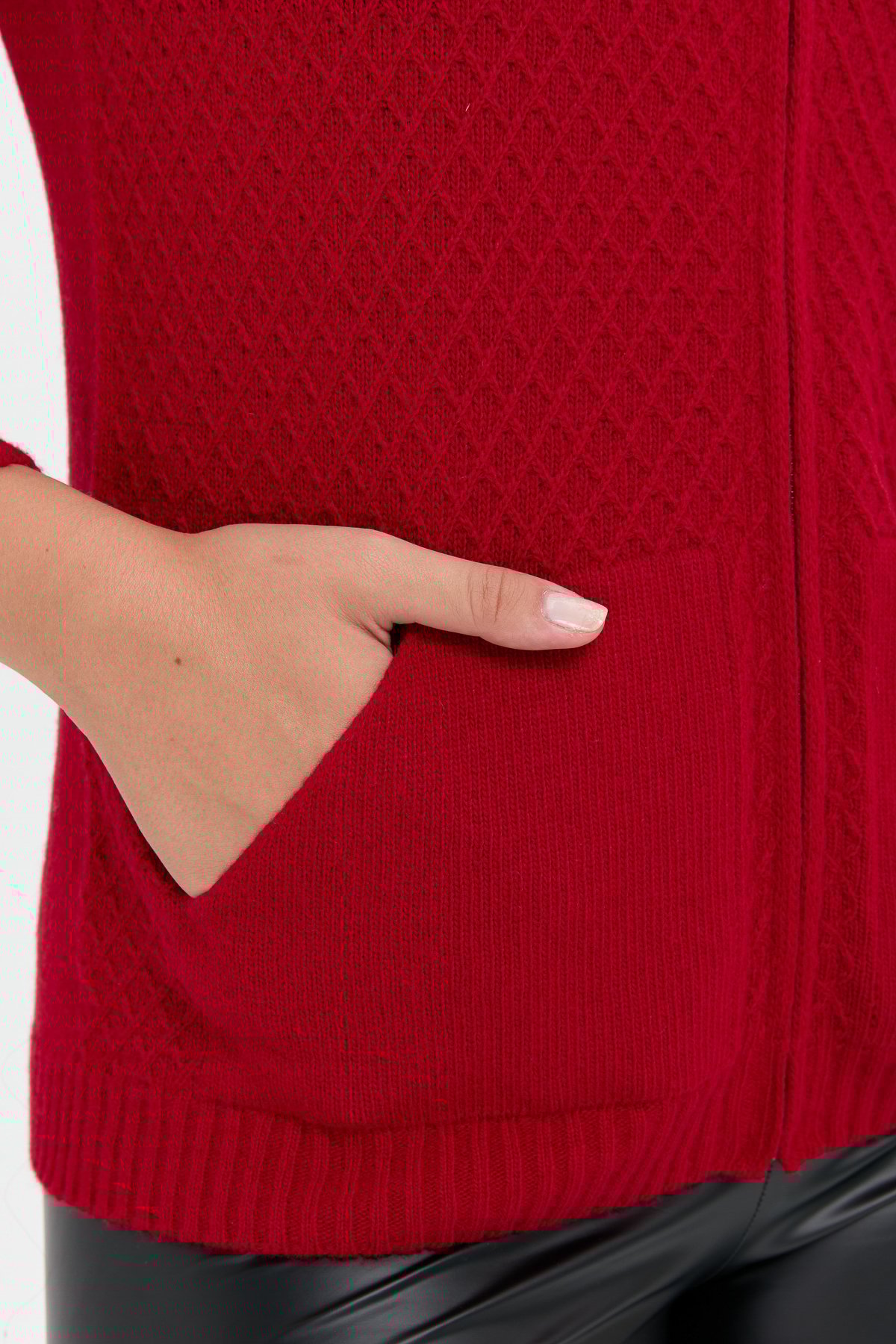 24218Kadın Dik Yaka Dikişsiz Önü Fermuarlı Yün Hırka K.Kırmızı