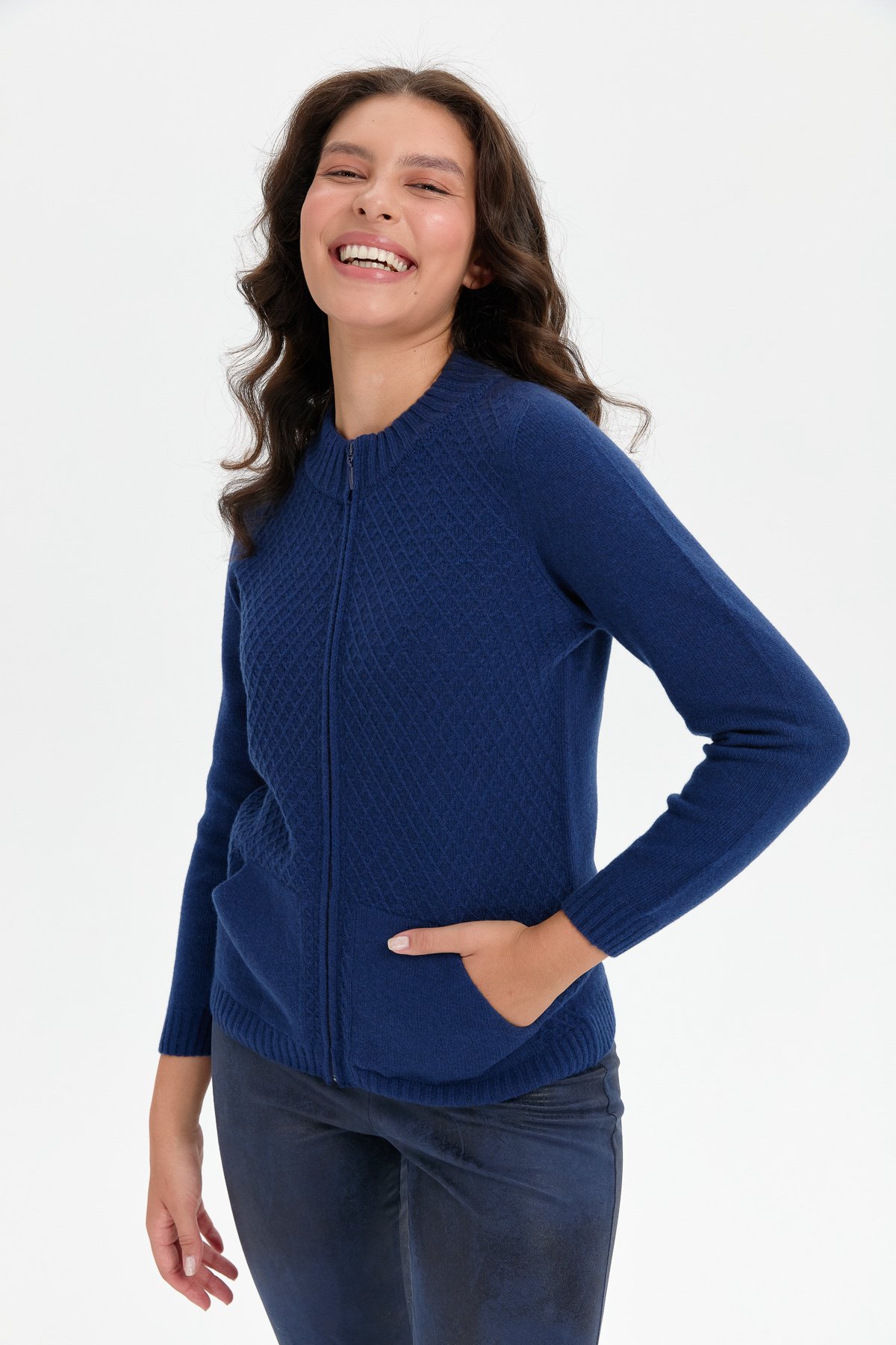 24218Kadın Dik Yaka Dikişsiz Önü Fermuarlı Yün Hırka İndigo