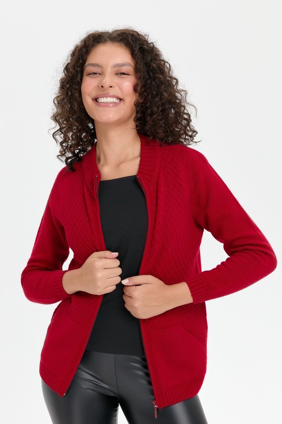 24218Kadın Dik Yaka Dikişsiz Önü Fermuarlı Yün Hırka K.Kırmızı