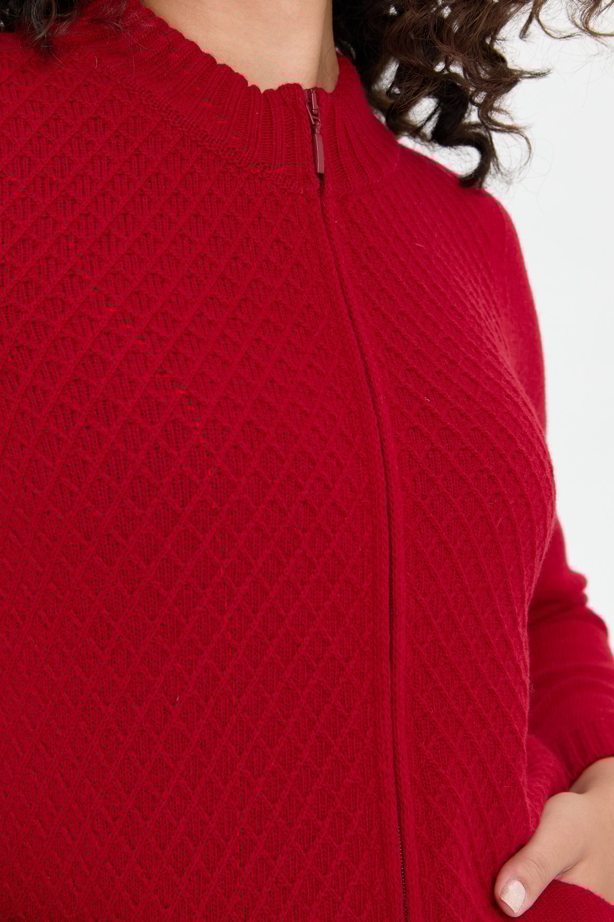 24218Kadın Dik Yaka Dikişsiz Önü Fermuarlı Yün Hırka K.Kırmızı