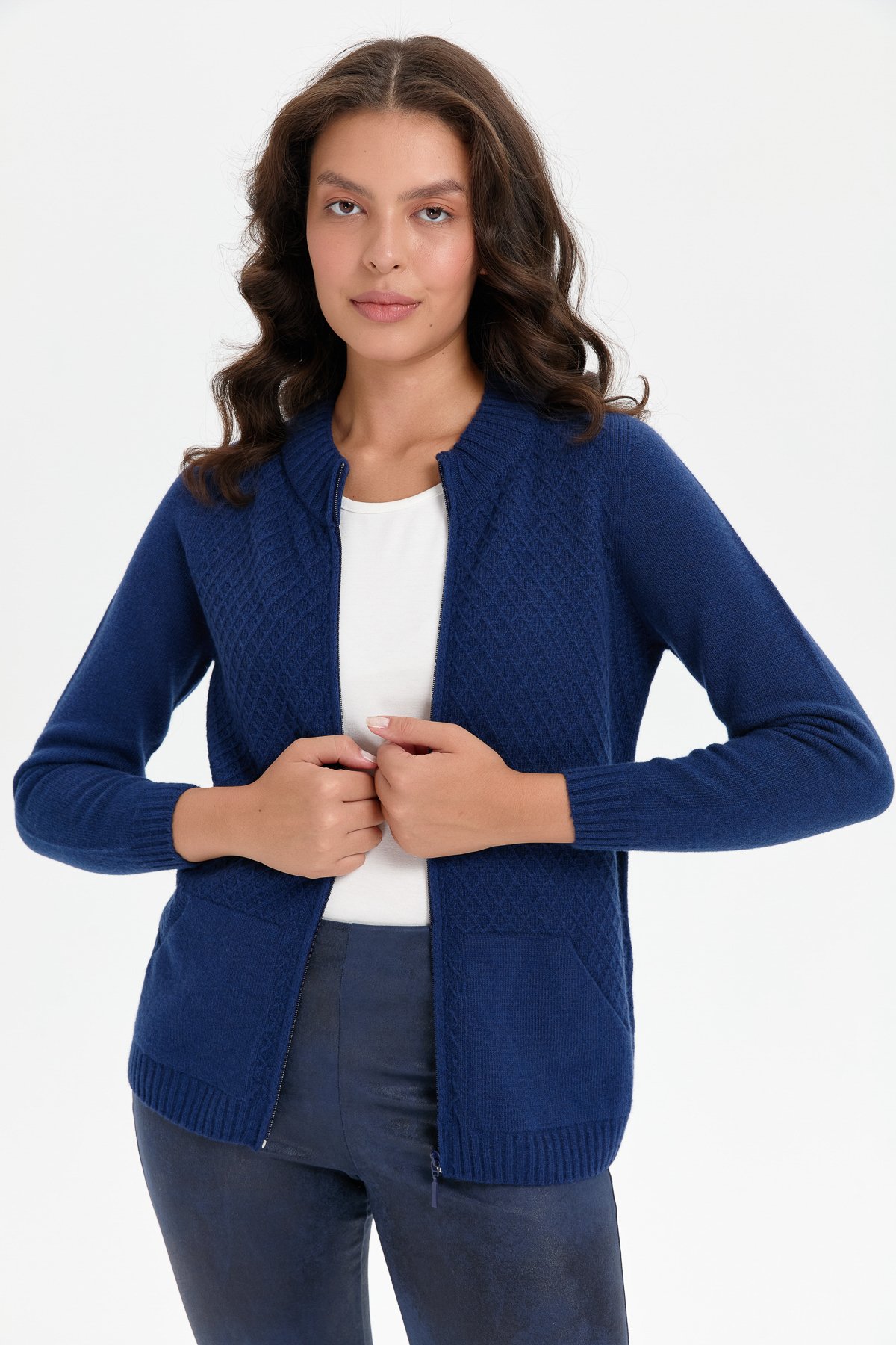 24218Kadın Dik Yaka Dikişsiz Önü Fermuarlı Yün Hırka İndigo