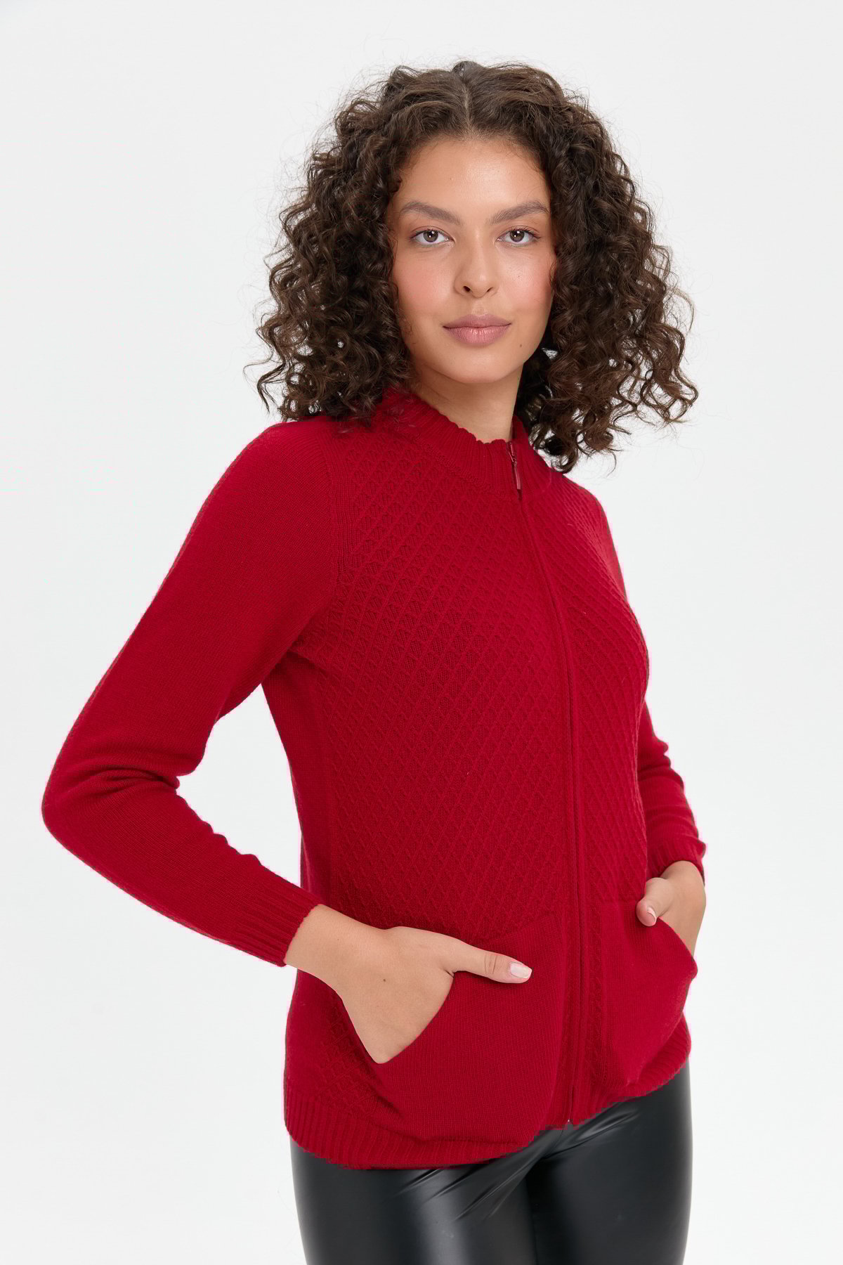 24218Kadın Dik Yaka Dikişsiz Önü Fermuarlı Yün Hırka K.Kırmızı