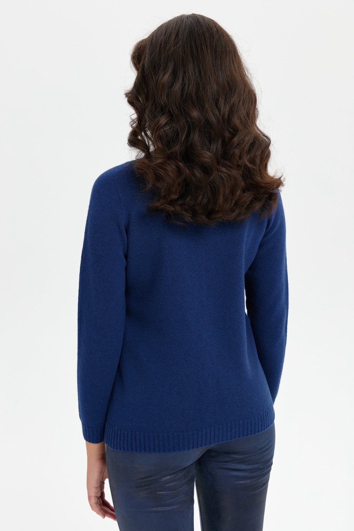 24218Kadın Dik Yaka Dikişsiz Önü Fermuarlı Yün Hırka İndigo