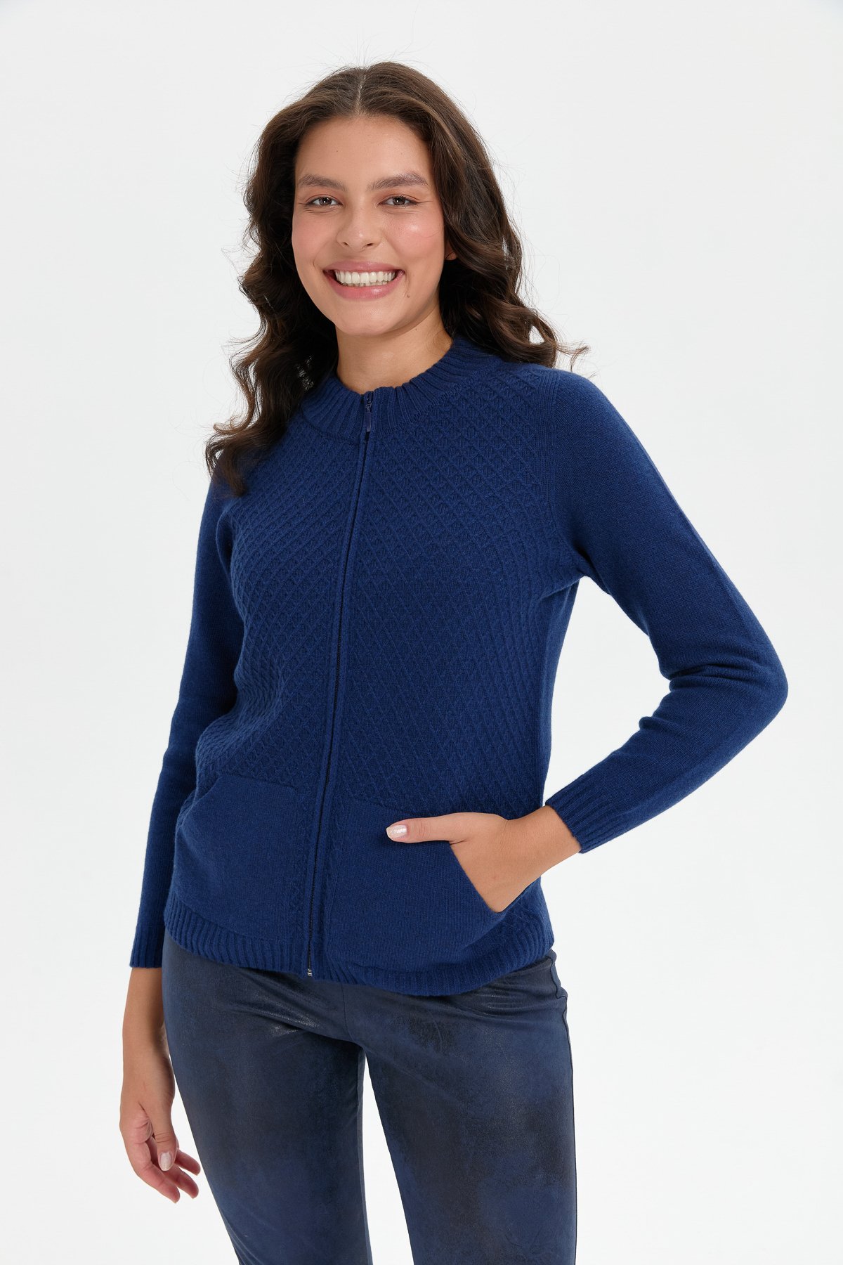 24218Kadın Dik Yaka Dikişsiz Önü Fermuarlı Yün Hırka İndigo