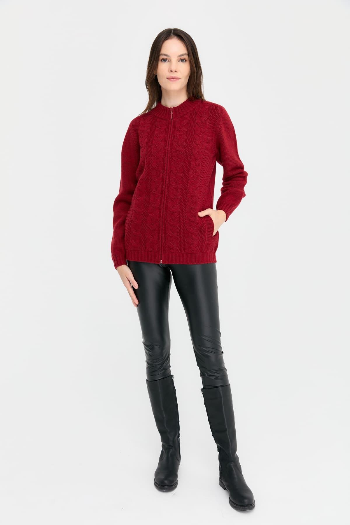 24268Kadın Dik Yaka Dikişsiz Önü Saç Örgülü Yün Hırka V.Kırmızı