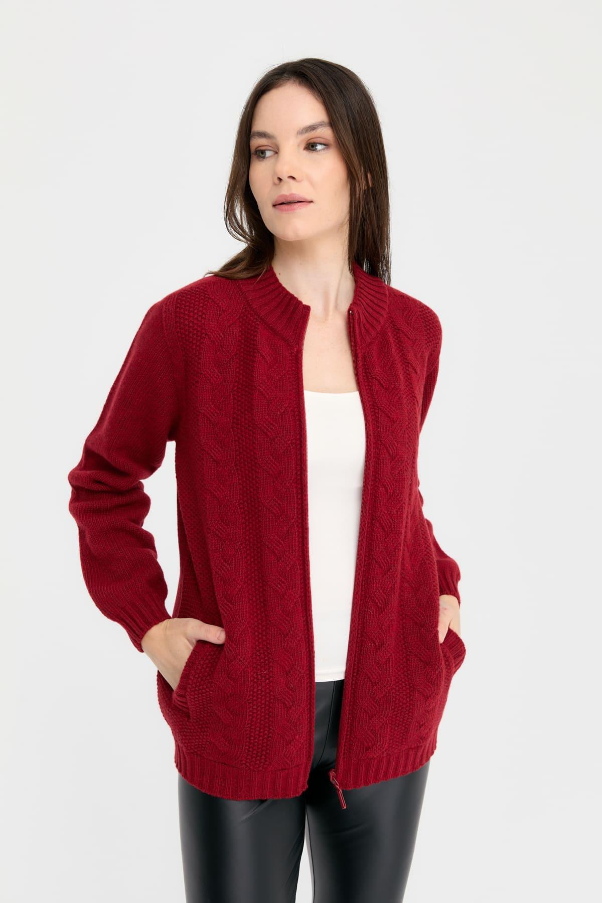 24268Kadın Dik Yaka Dikişsiz Önü Saç Örgülü Yün Hırka V.Kırmızı