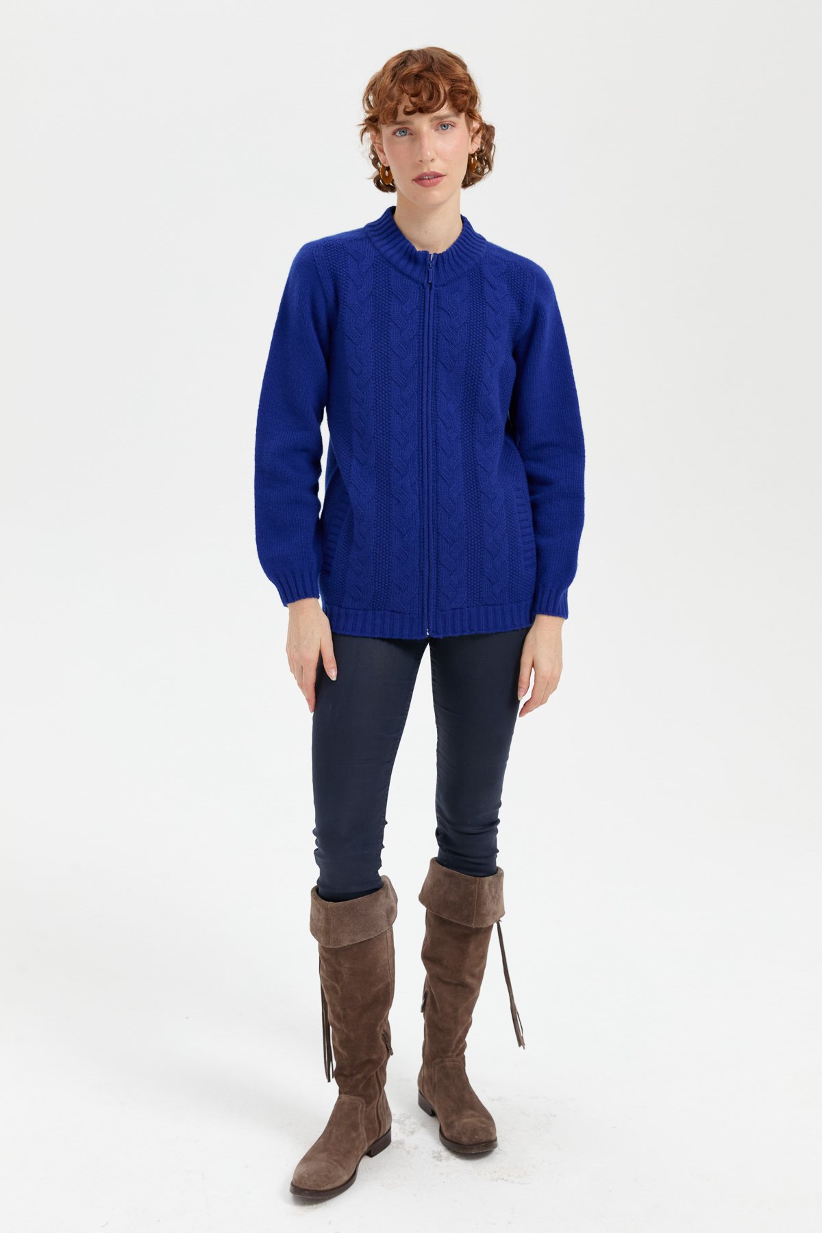 24268Kadın Dik Yaka Dikişsiz Önü Saç Örgülü Yün Hırka K.S.Mavi