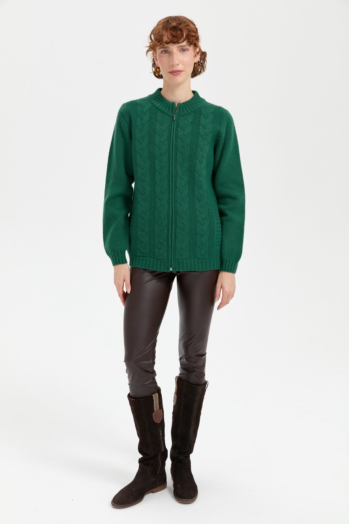 24268Kadın Dik Yaka Dikişsiz Önü Saç Örgülü Yün Hırka Ö.Başı