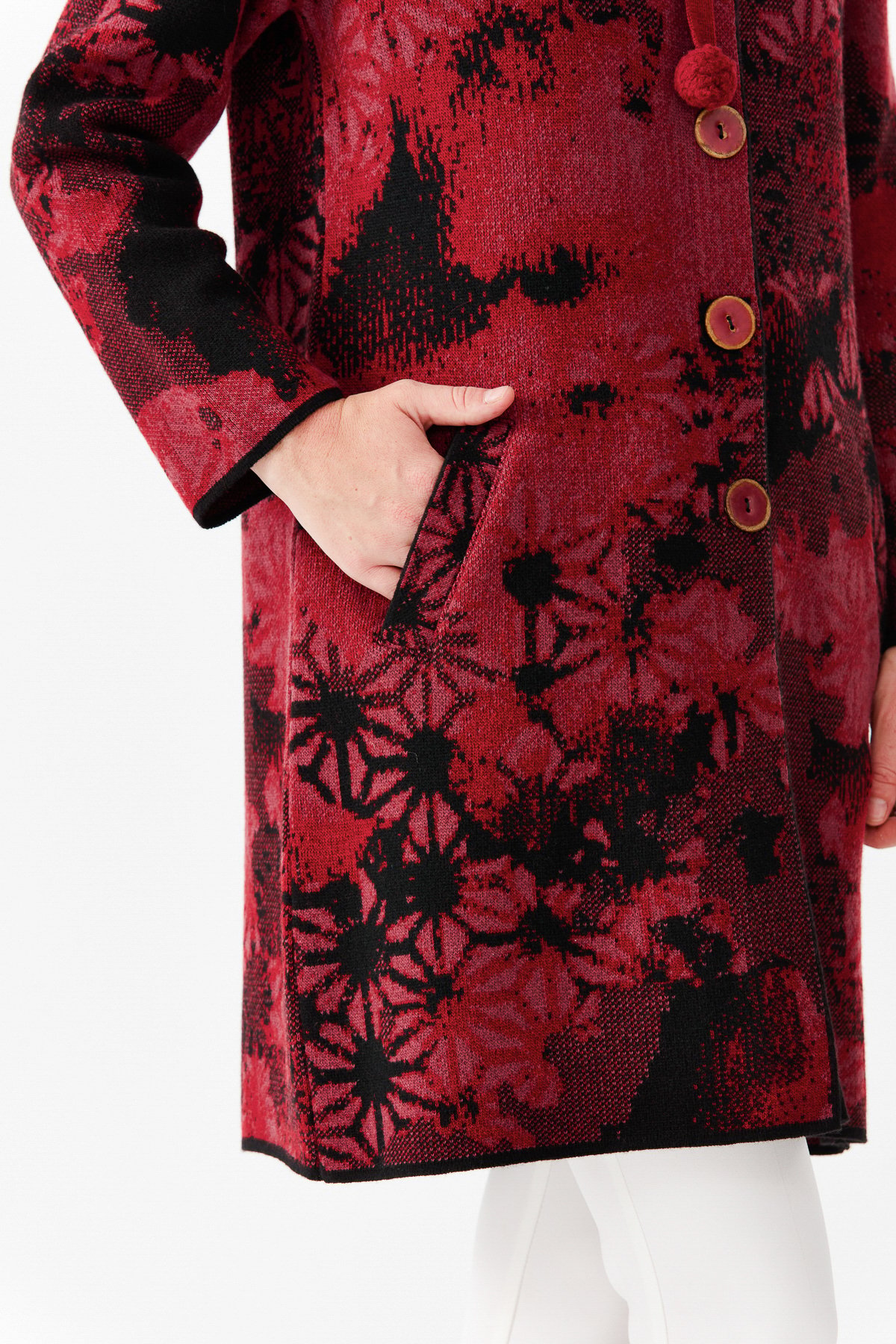 22159Women'S Long Patterned Coat With A Stand-Up Collar Red