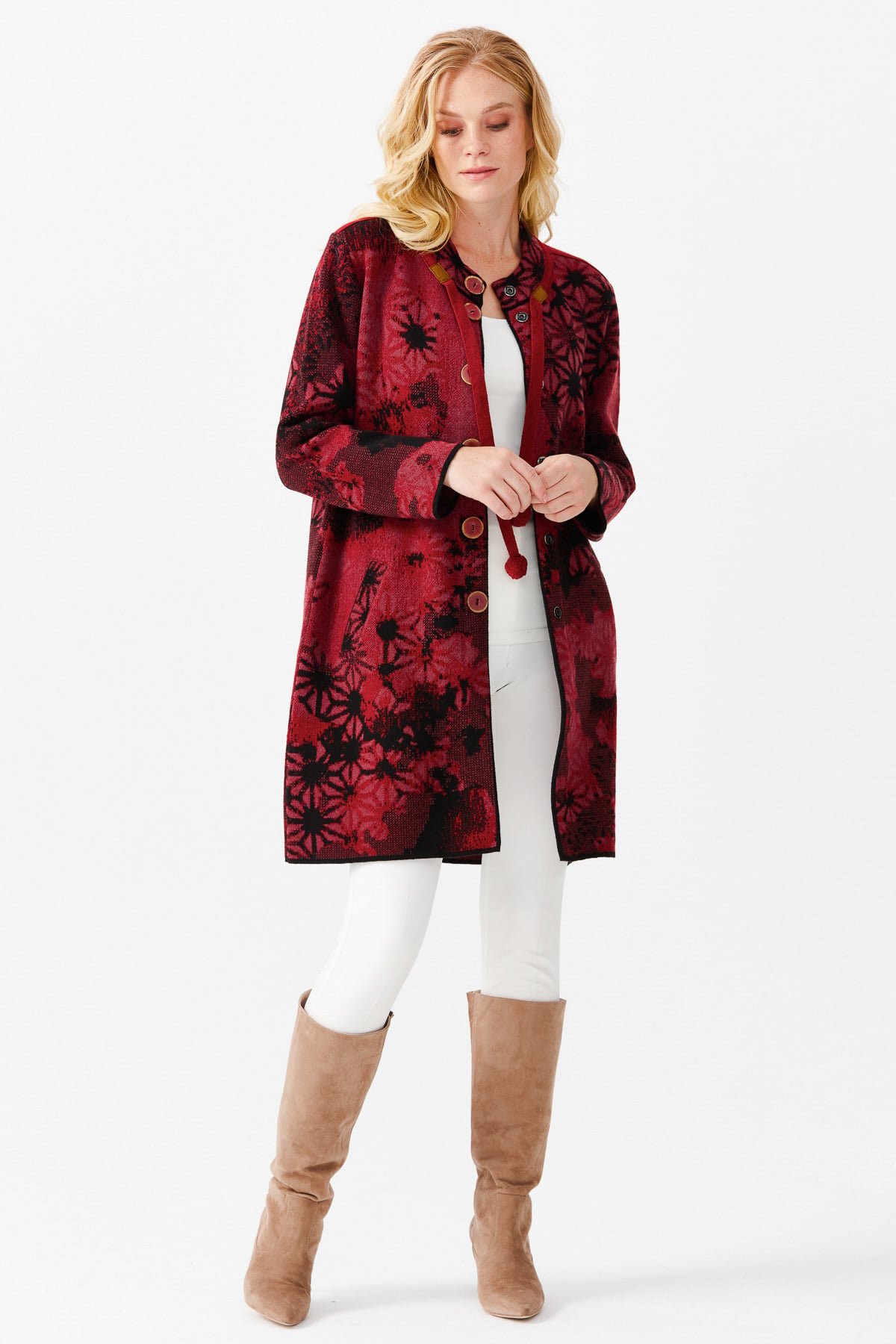 22159Women'S Long Patterned Coat With A Stand-Up Collar Red