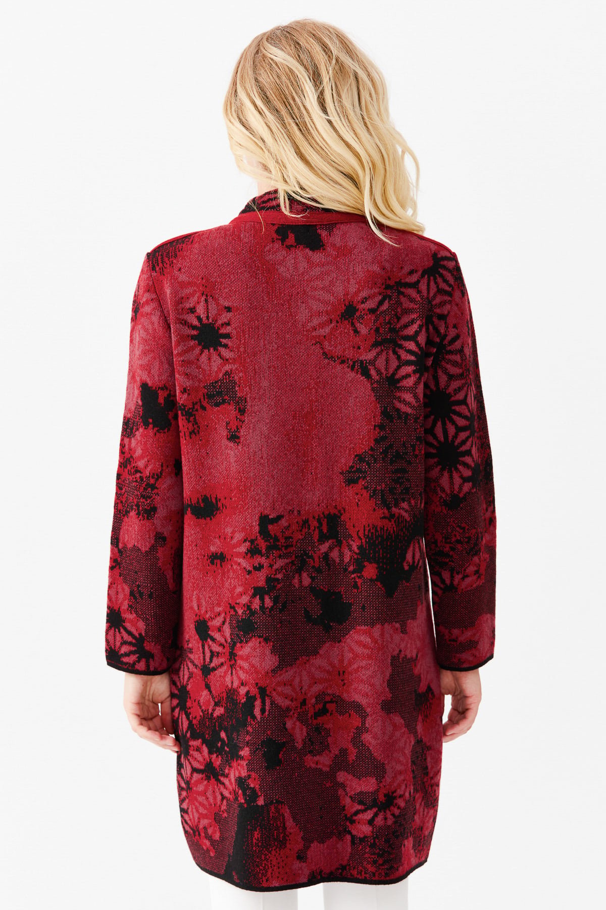 22159Women'S Long Patterned Coat With A Stand-Up Collar Red