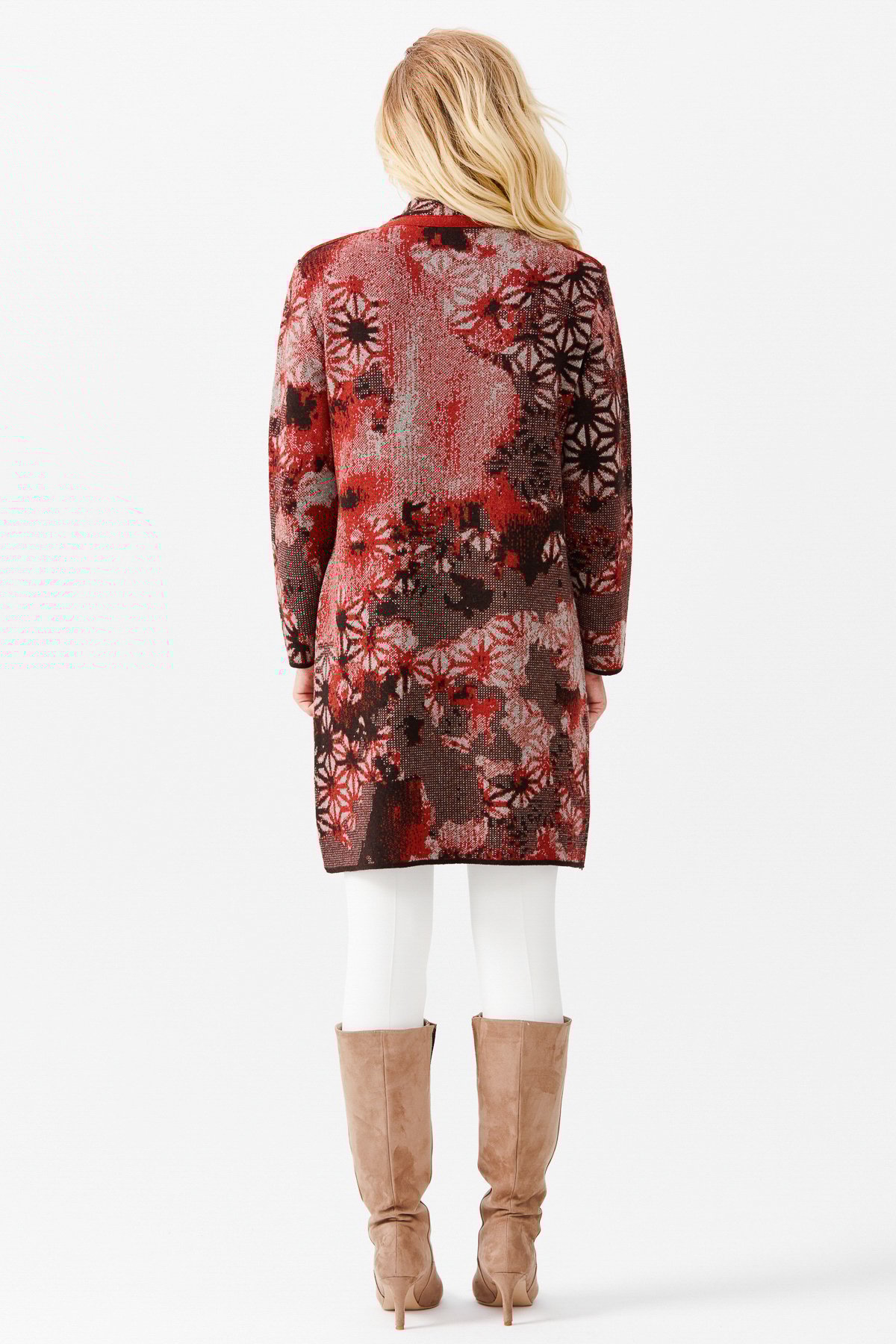 22159Женское длинное пальто с воротником-стойкой и рисунком, кирпичного цвета