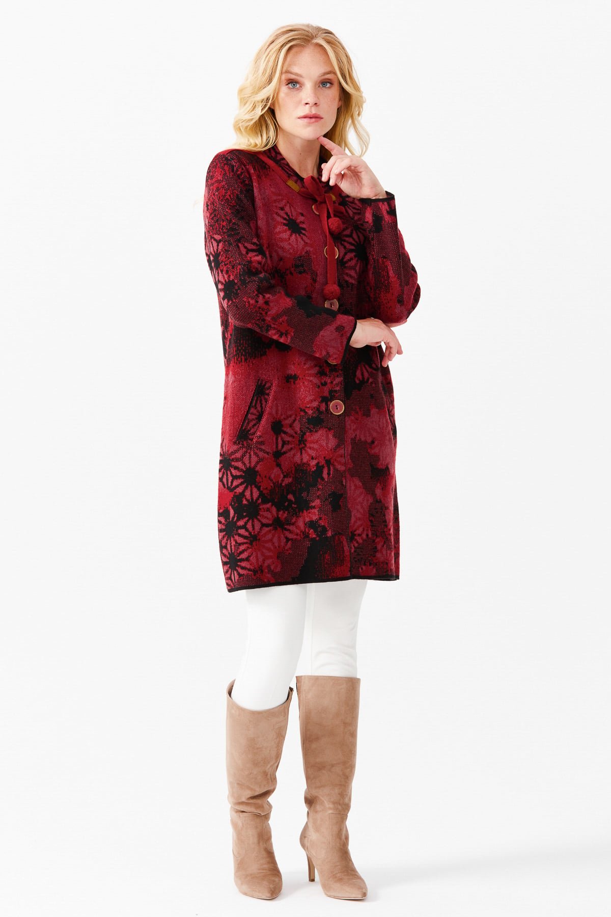 22159Women'S Long Patterned Coat With A Stand-Up Collar Red