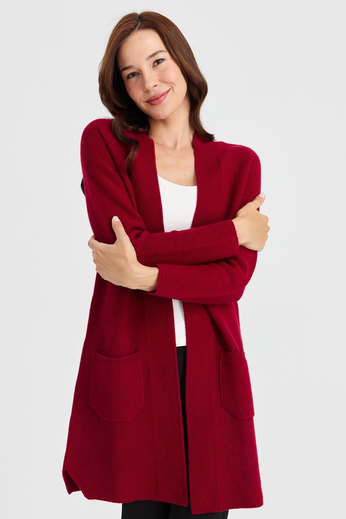 23151Kadın Dik Yaka Kendinden Bantlı Uzun Yün Kaban V.Çürüğü