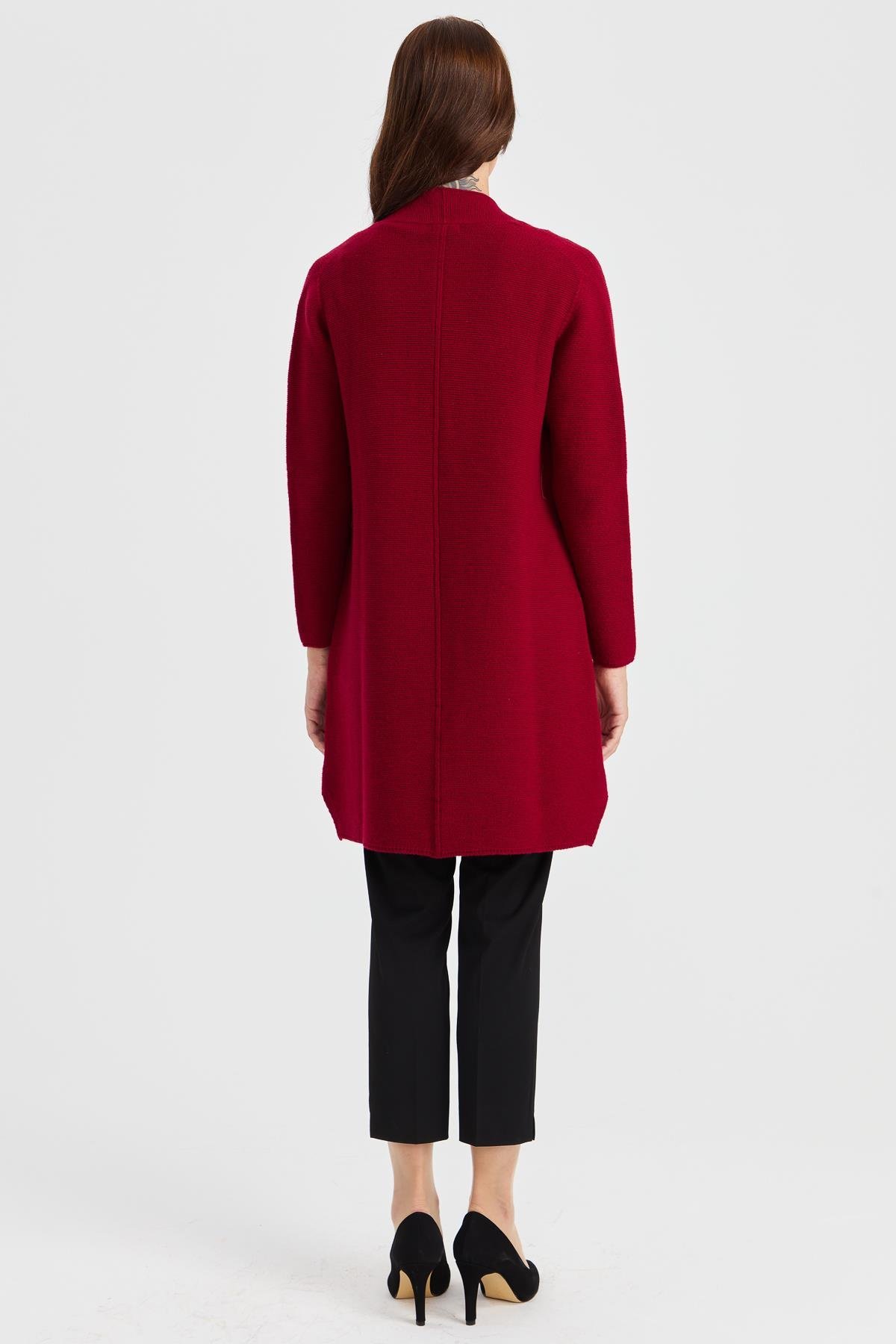 23151Kadın Dik Yaka Kendinden Bantlı Uzun Yün Kaban V.Çürüğü