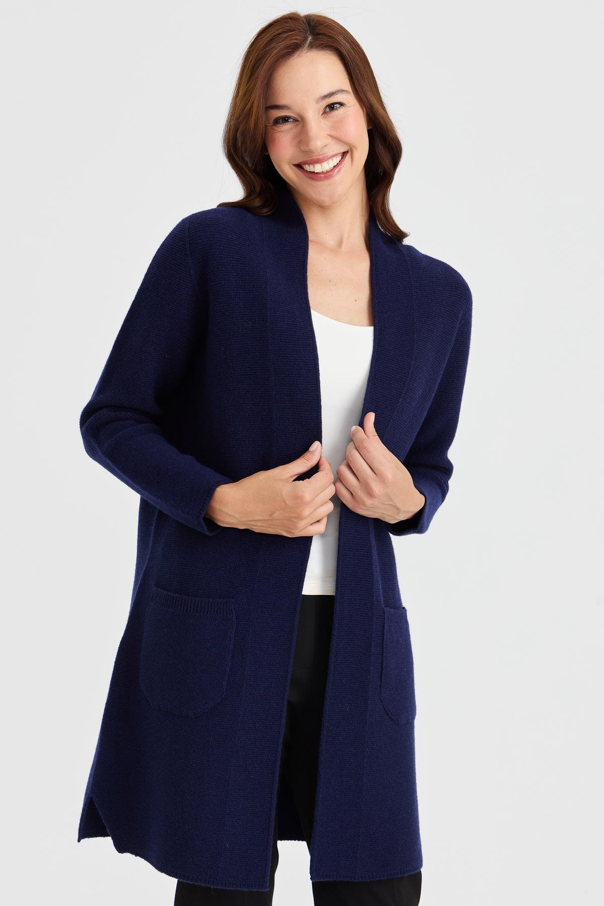 23151Kadın Dik Yaka Kendinden Bantlı Uzun Yün Kaban Y.A.Lacivert