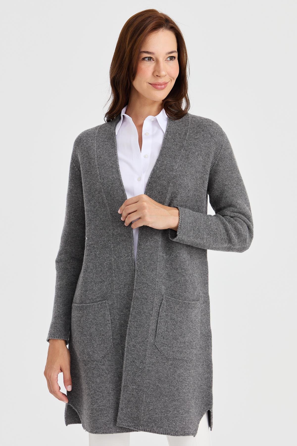 23151Kadın Dik Yaka Kendinden Bantlı Uzun Yün Kaban Füme