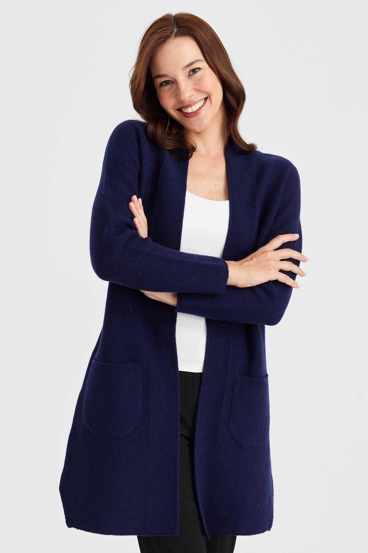 23151Kadın Dik Yaka Kendinden Bantlı Uzun Yün Kaban Y.A.Lacivert