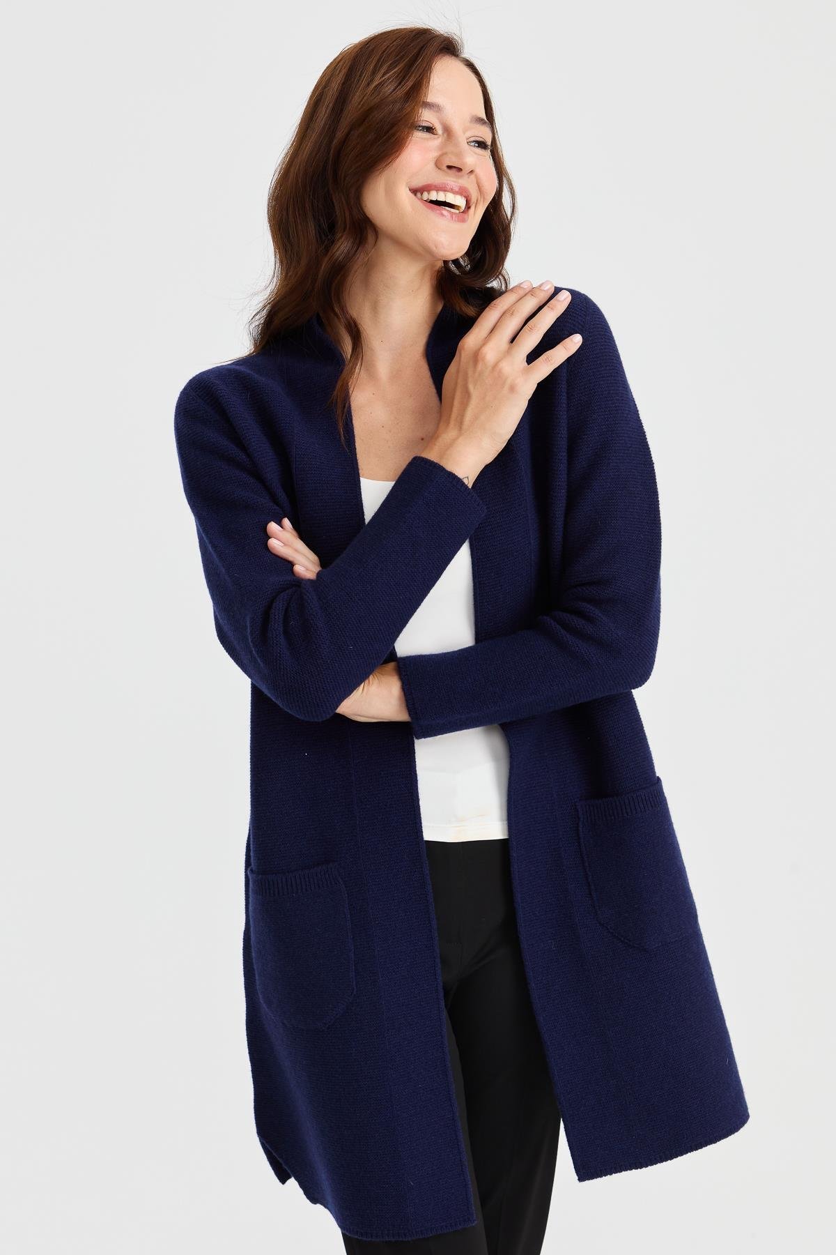 23151Kadın Dik Yaka Kendinden Bantlı Uzun Yün Kaban Y.A.Lacivert