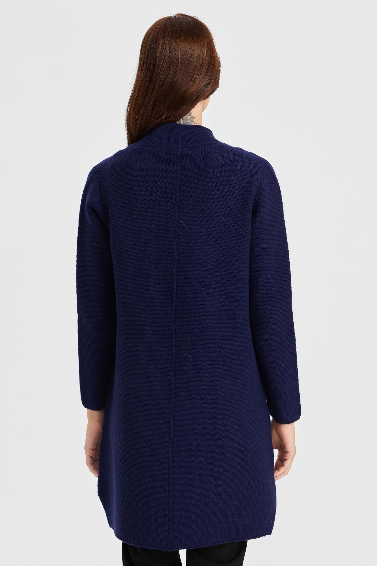 23151Kadın Dik Yaka Kendinden Bantlı Uzun Yün Kaban Y.A.Lacivert