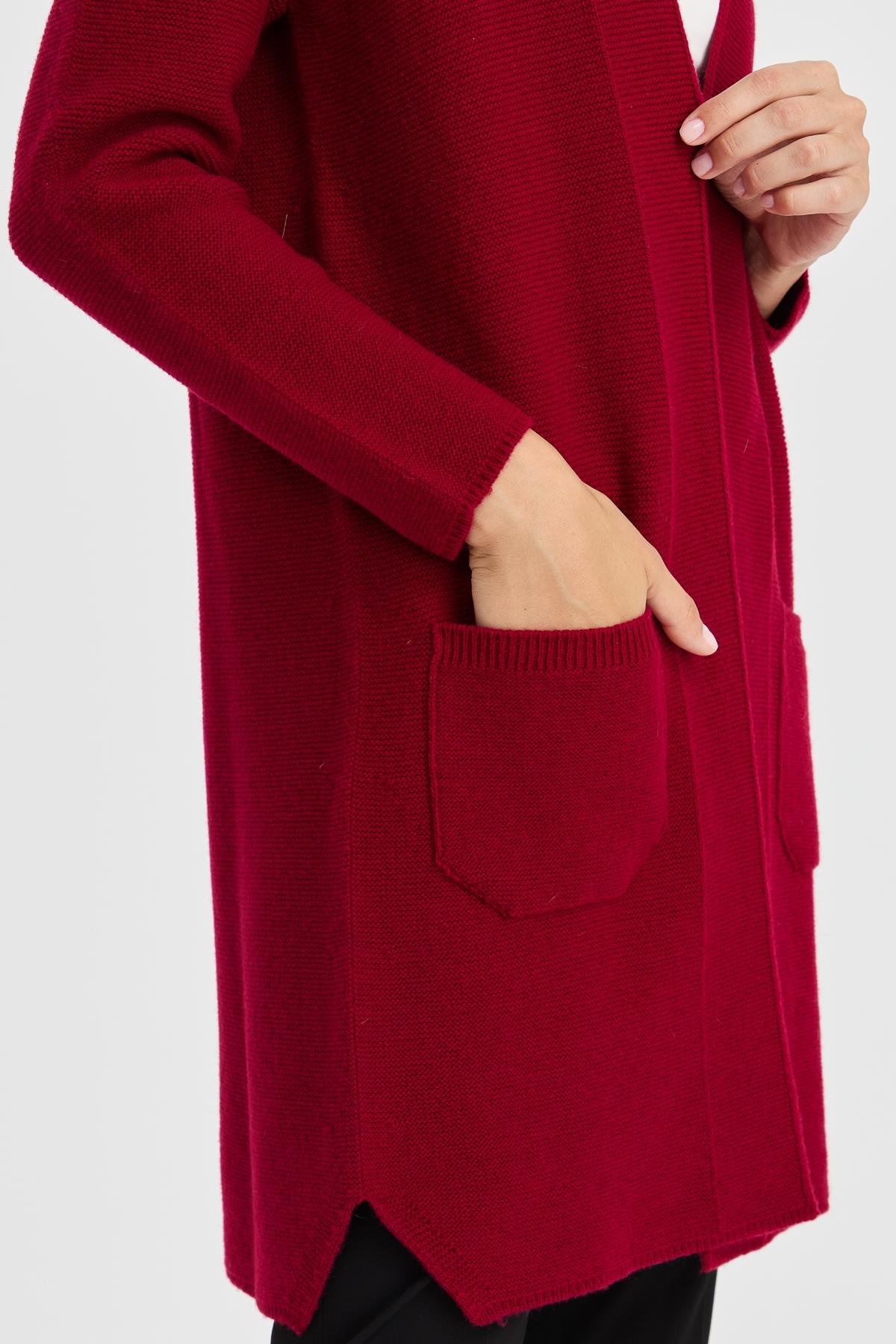 23151Kadın Dik Yaka Kendinden Bantlı Uzun Yün Kaban V.Çürüğü