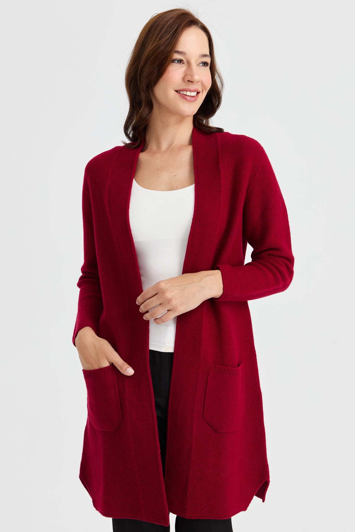 23151Kadın Dik Yaka Kendinden Bantlı Uzun Yün Kaban V.Çürüğü