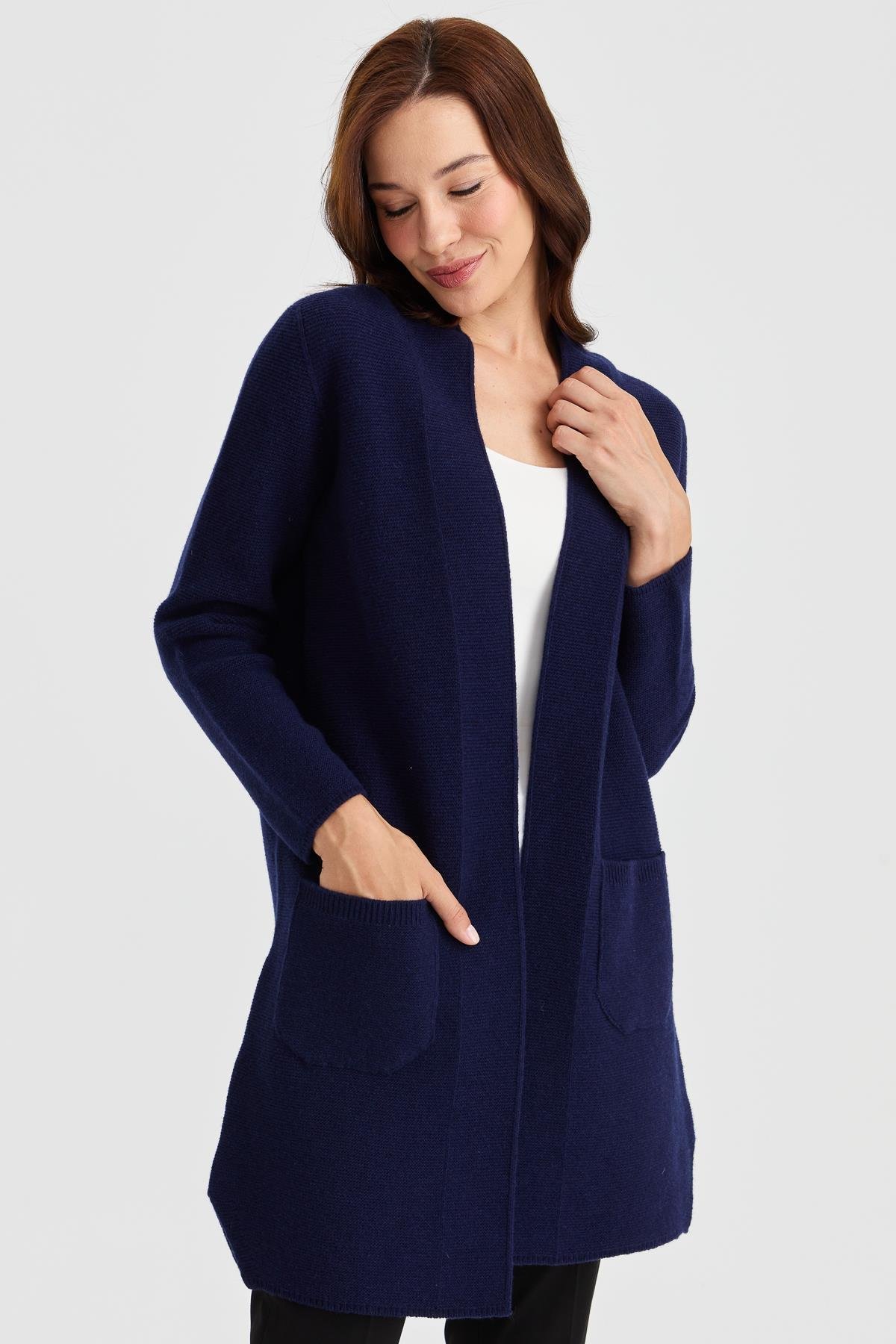 23151Kadın Dik Yaka Kendinden Bantlı Uzun Yün Kaban Y.A.Lacivert