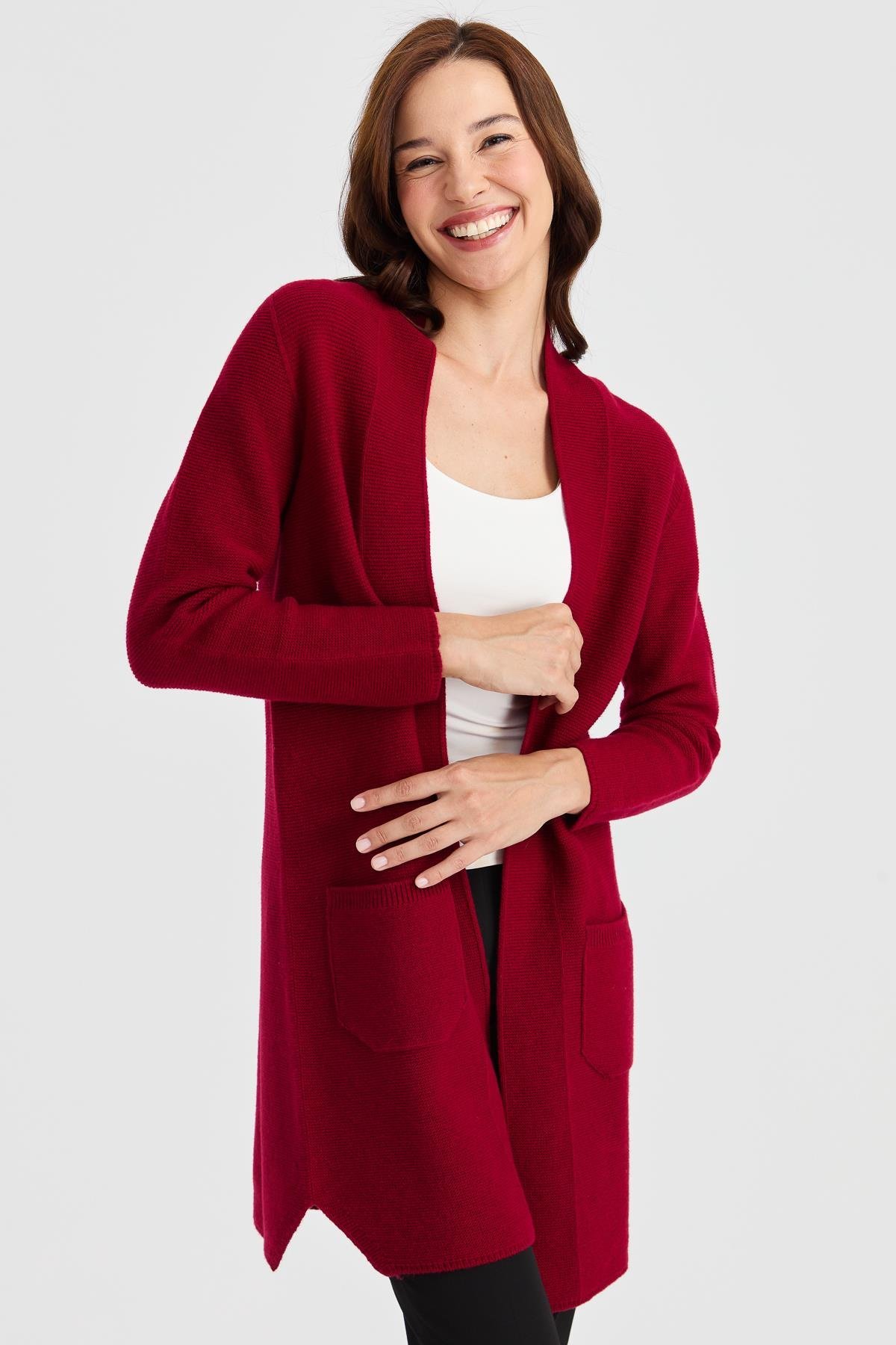 23151Kadın Dik Yaka Kendinden Bantlı Uzun Yün Kaban V.Çürüğü