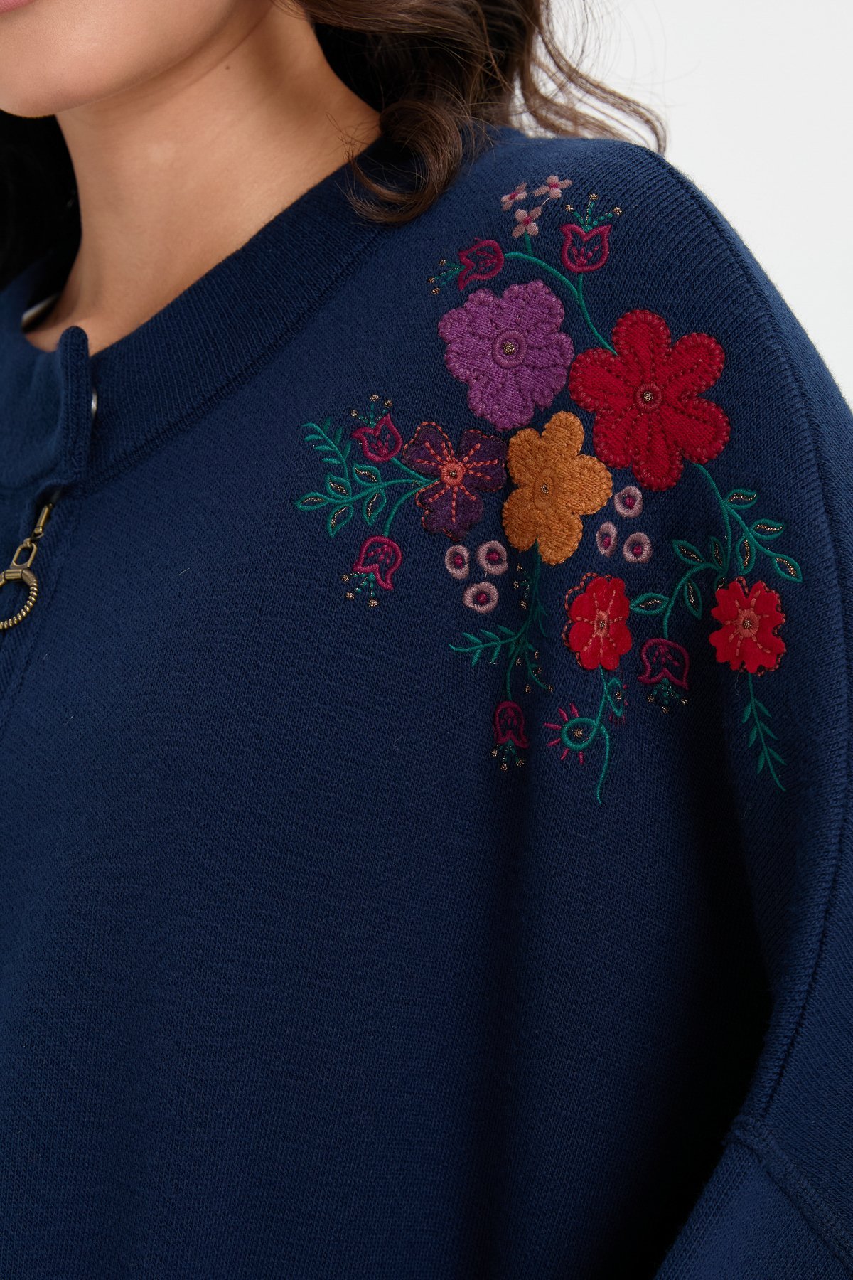 24056Kadın Dik Yaka Omuzları İşlemeli Fermuarlı Panço Lacivert