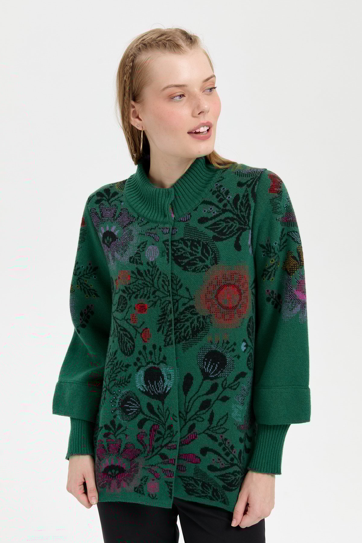 24050Kadın Dik Yaka Önü Renkli Çiçekli Kısa Yün Ceket Ö.Başı