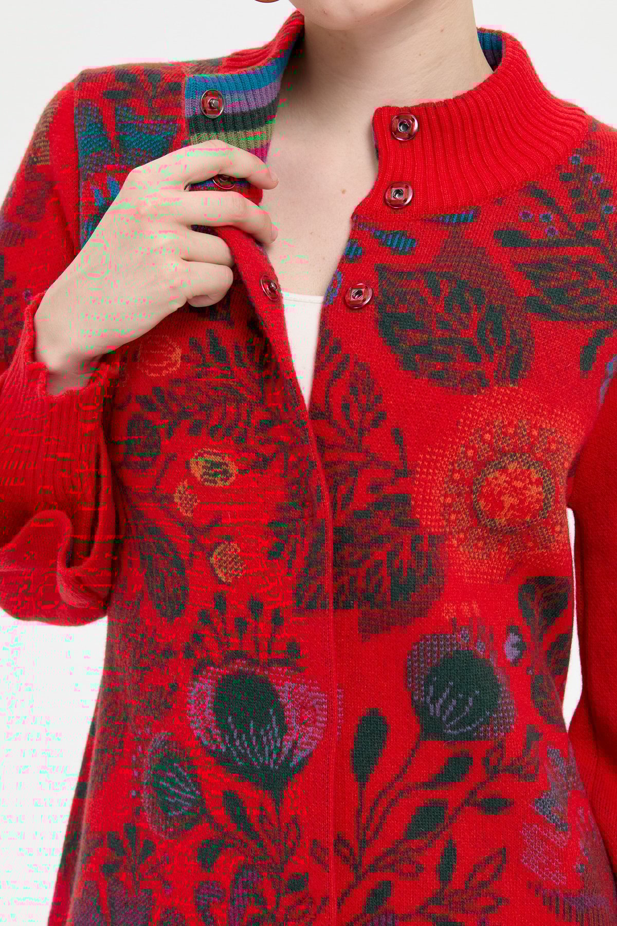 24050Kadın Dik Yaka Önü Renkli Çiçekli Kısa Yün Ceket Mercan