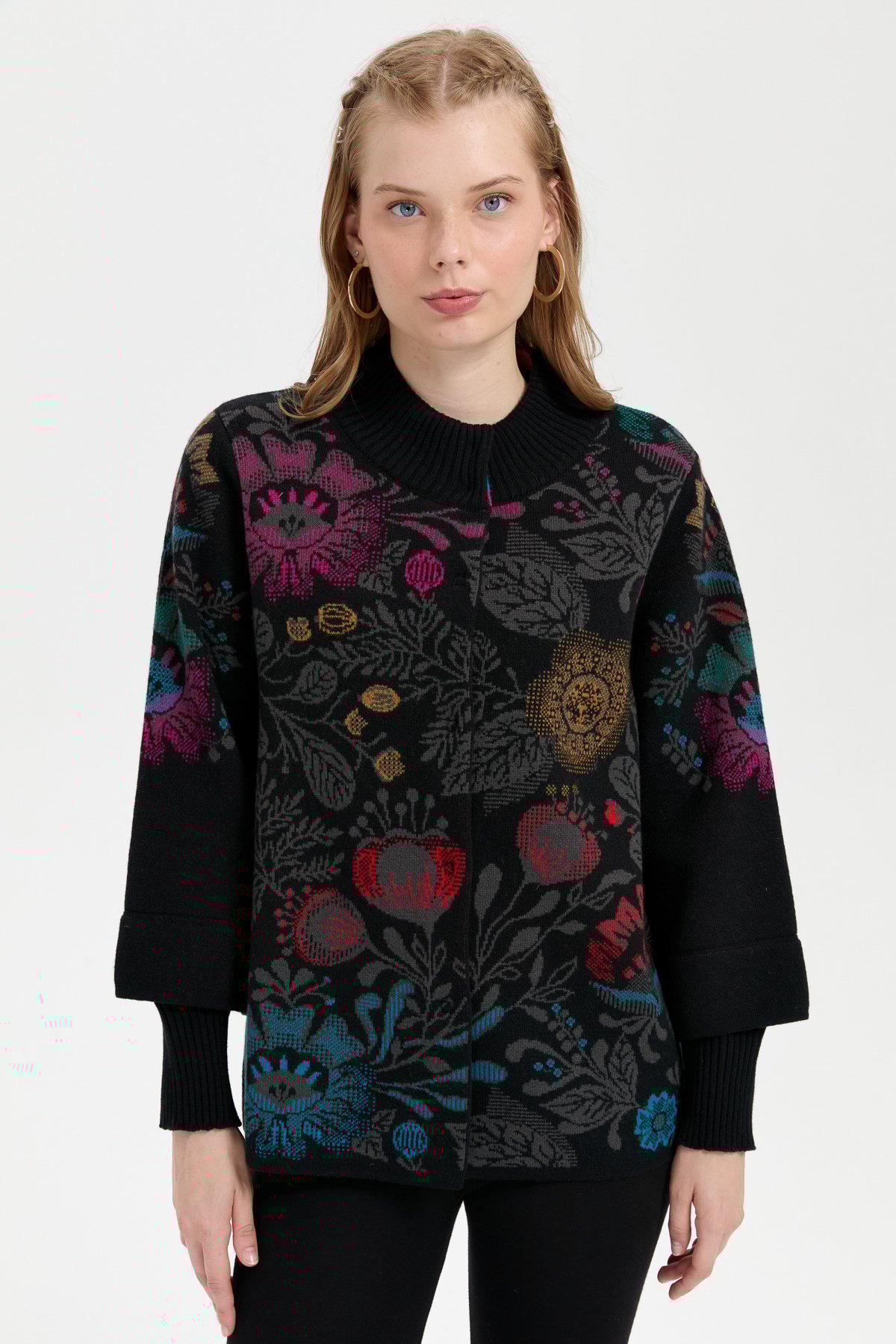 24050Kadın Dik Yaka Önü Renkli Çiçekli Kısa Yün Ceket Siyah