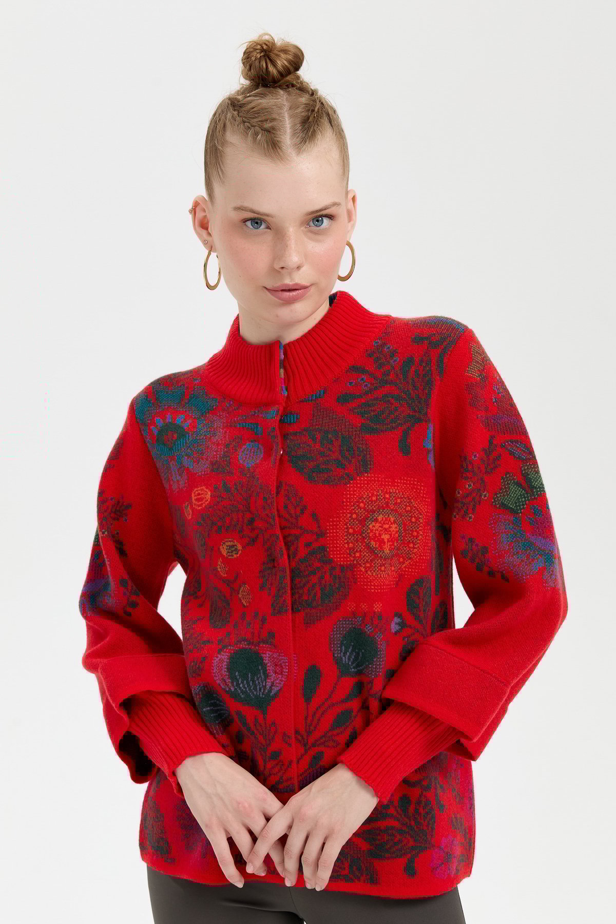 24050Kadın Dik Yaka Önü Renkli Çiçekli Kısa Yün Ceket Mercan