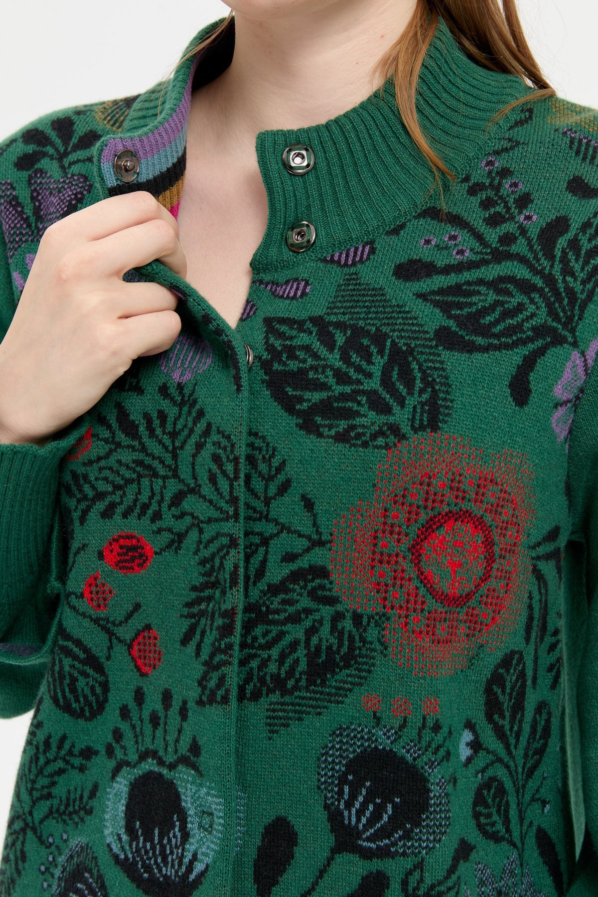 24050Kadın Dik Yaka Önü Renkli Çiçekli Kısa Yün Ceket Ö.Başı