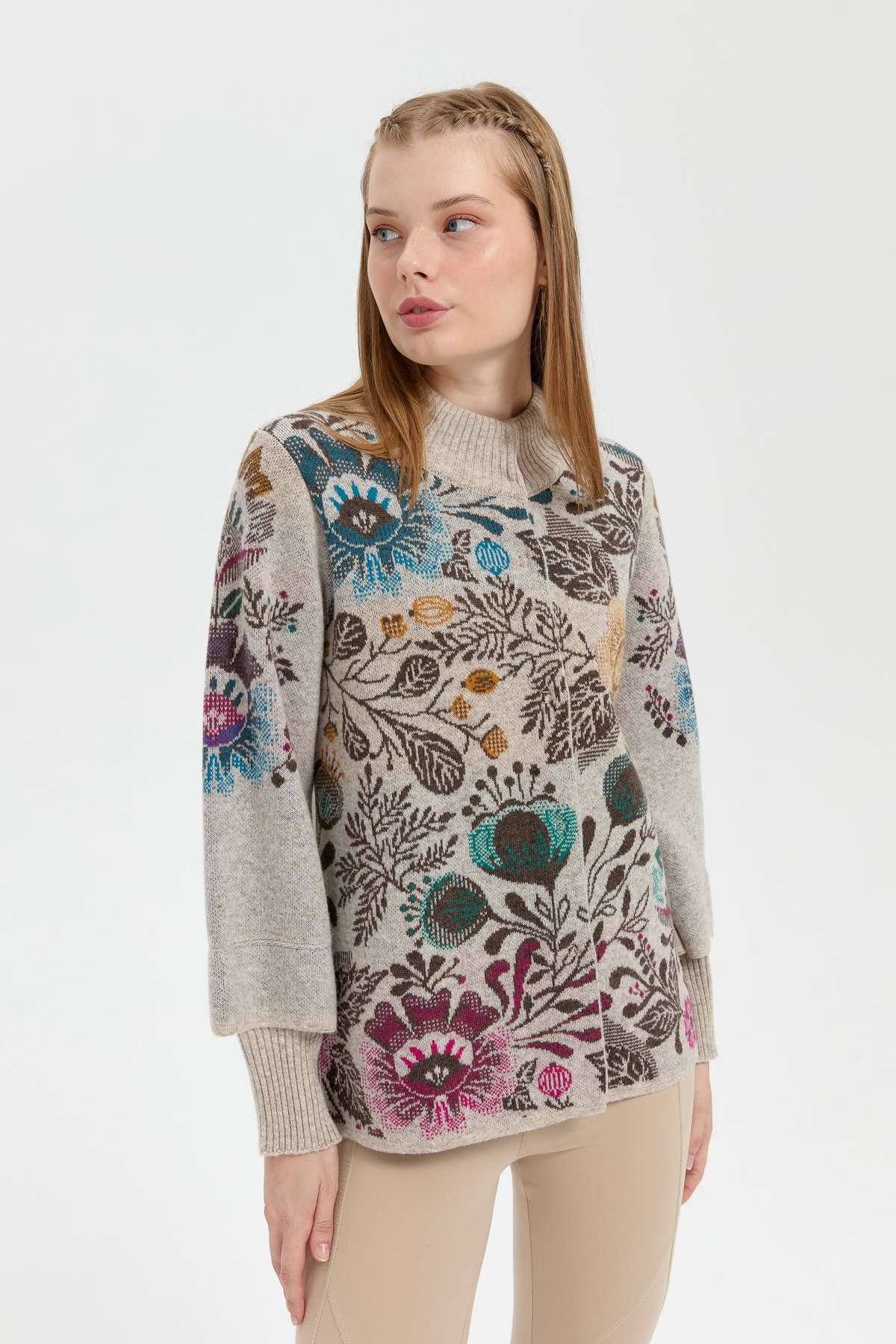 24050Kadın Dik Yaka Önü Renkli Çiçekli Kısa Yün Ceket V.Bej