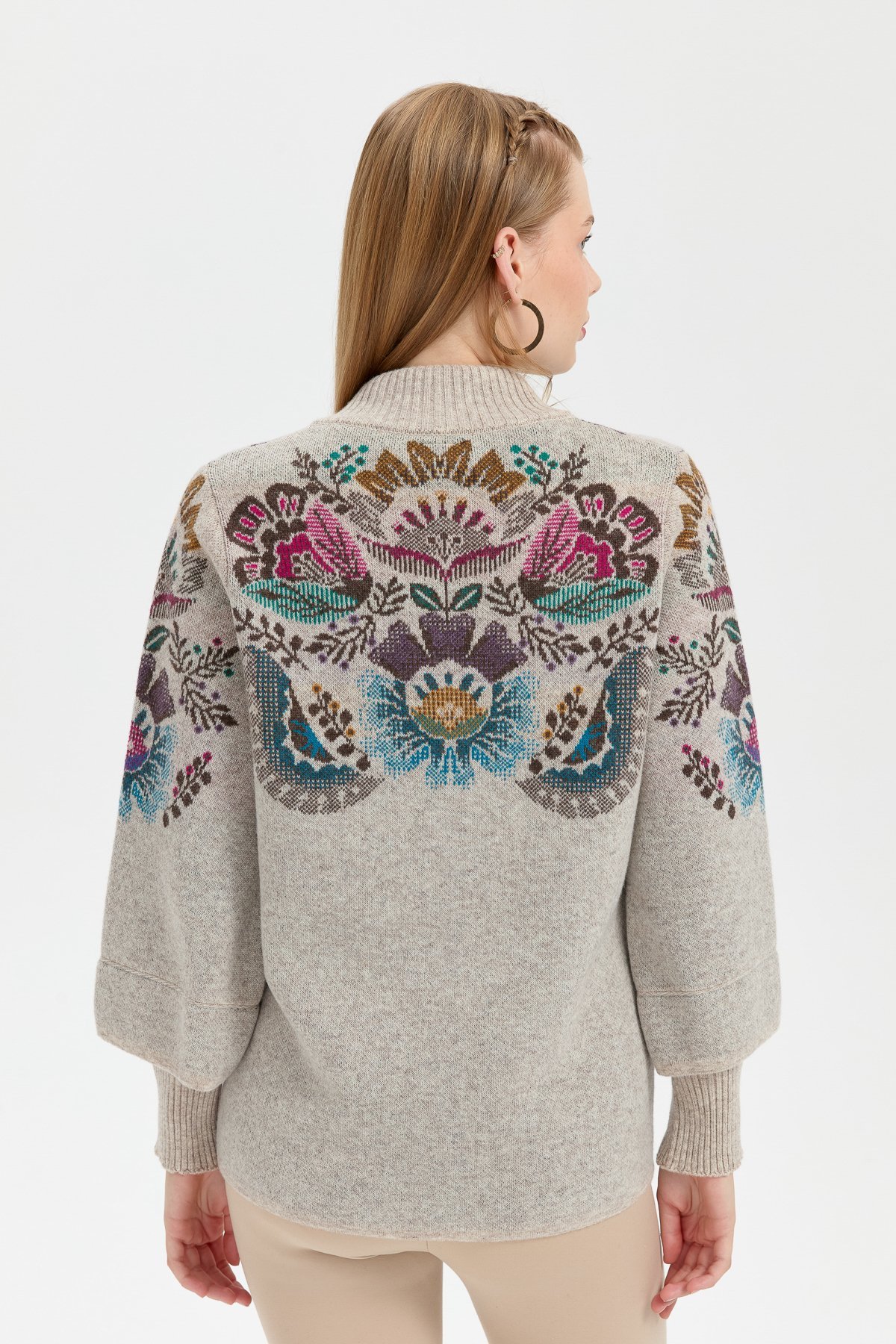 24050Kadın Dik Yaka Önü Renkli Çiçekli Kısa Yün Ceket V.Bej