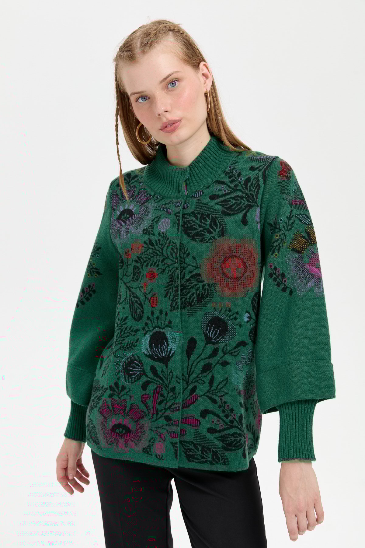 24050Kadın Dik Yaka Önü Renkli Çiçekli Kısa Yün Ceket Ö.Başı