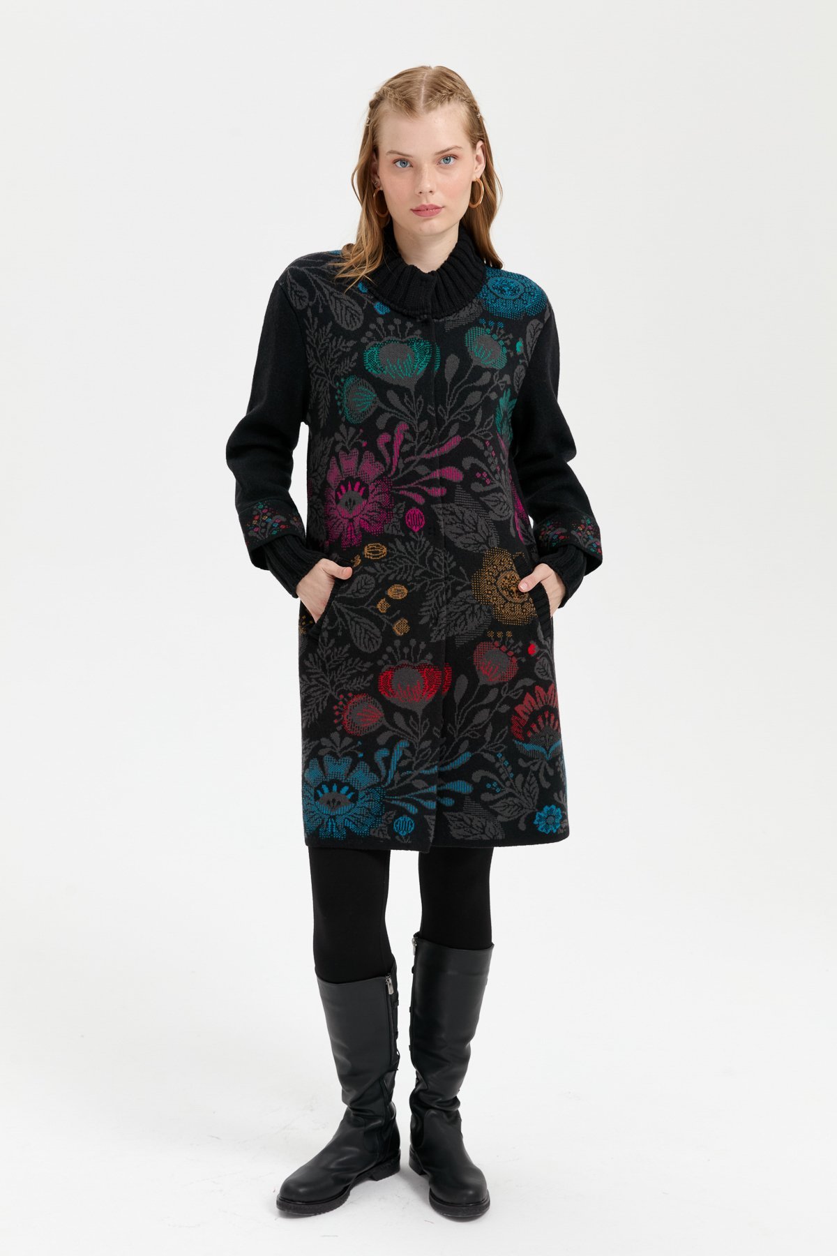 24051Kadın Dik Yaka Önü Renkli Çiçekli Uzun Yün Kaban Siyah