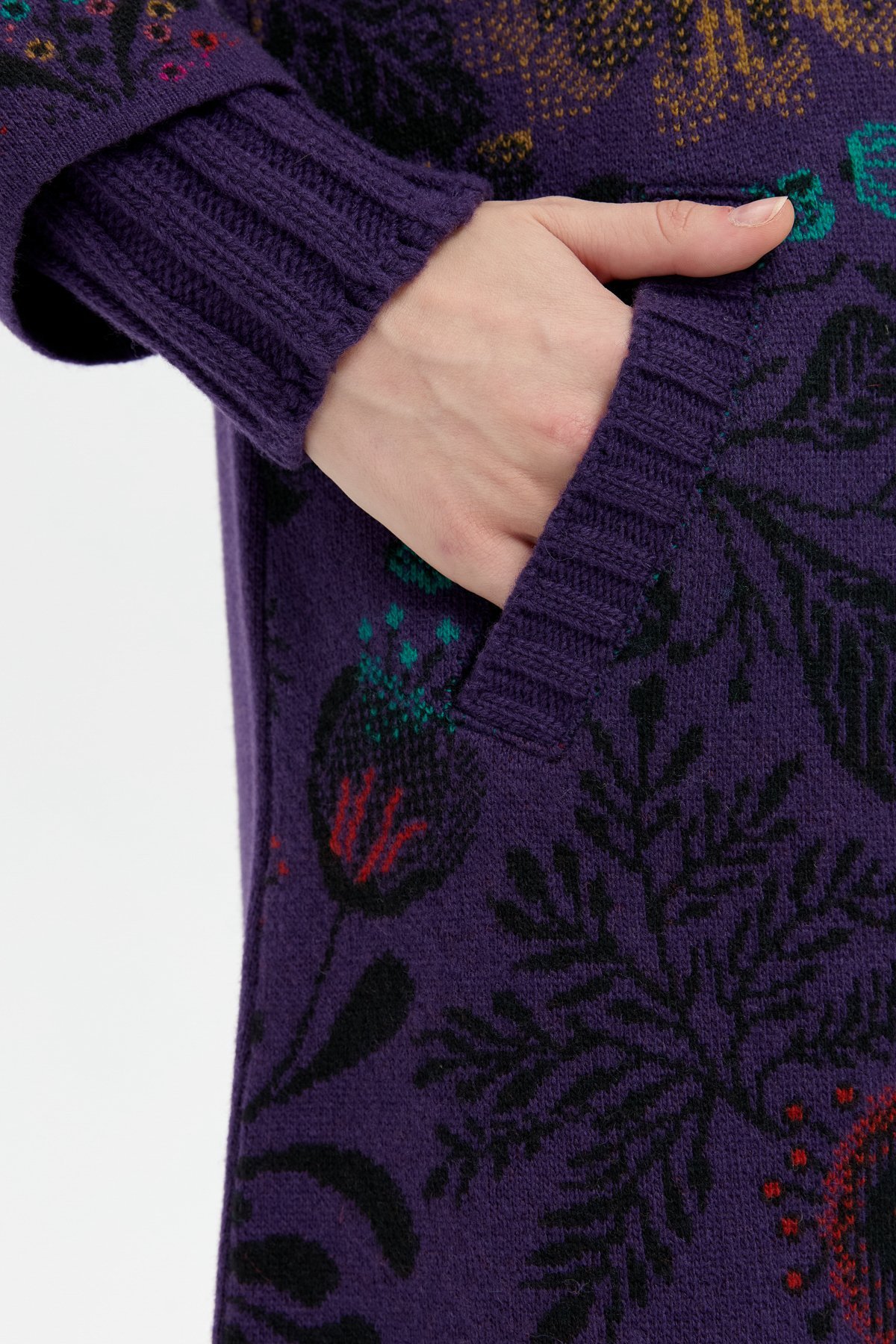 24051Kadın Dik Yaka Önü Renkli Çiçekli Uzun Yün Kaban K.Mor