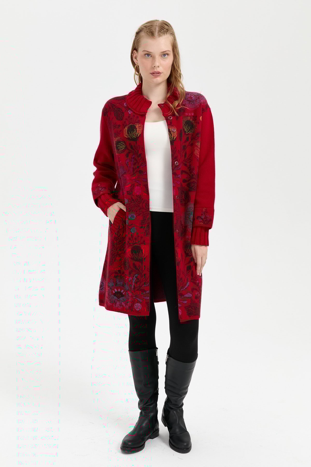 24051Kadın Dik Yaka Önü Renkli Çiçekli Uzun Yün Kaban K.Kırmızı