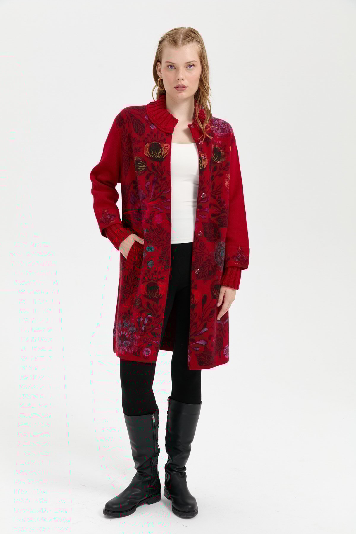 24051Kadın Dik Yaka Önü Renkli Çiçekli Uzun Yün Kaban K.Kırmızı