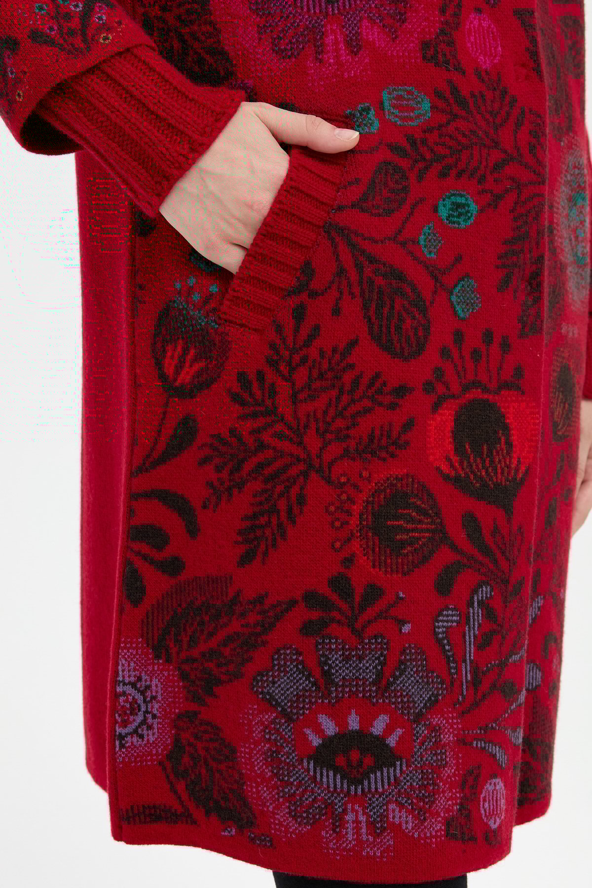 24051Kadın Dik Yaka Önü Renkli Çiçekli Uzun Yün Kaban K.Kırmızı