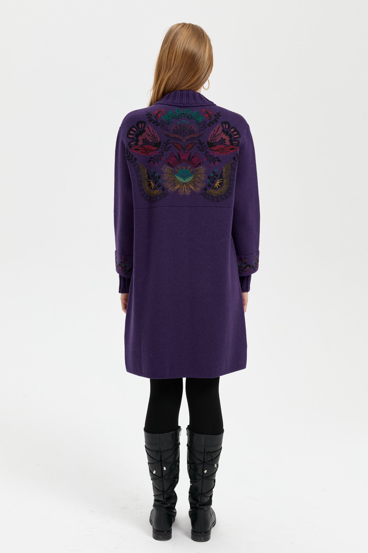 24051Kadın Dik Yaka Önü Renkli Çiçekli Uzun Yün Kaban K.Mor